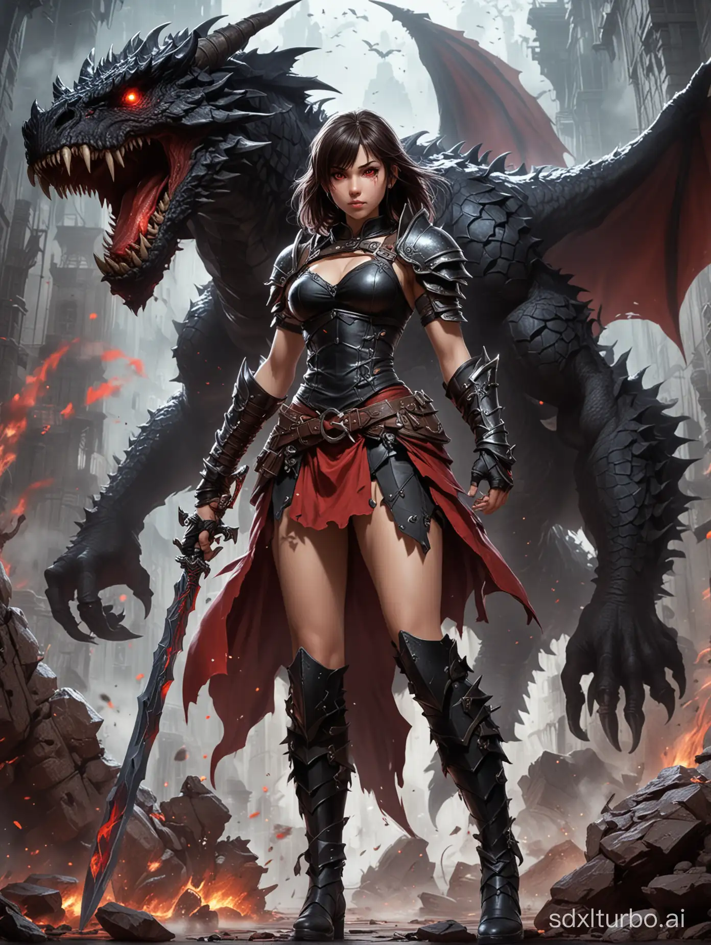 1. Dynamic Clash: Anime Girl vs. Evil Black Dragonborn Barbarian" - Action movie style poster featuring a rendered anime girl in skirt and boots, full body, dynamic, alongside a Dungeons and Dragons 5th Edition Evil Black Dragonborn Barbarian, with bright red eyes and ethereal spirits.