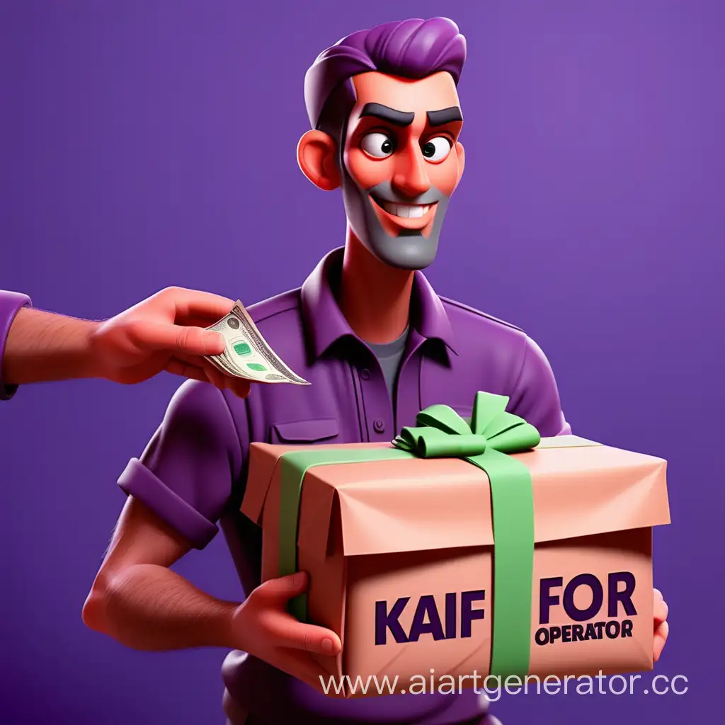 Generous-Man-Exchanging-Wrapped-Goods-with-Kaif-Operator-on-Purple-Background