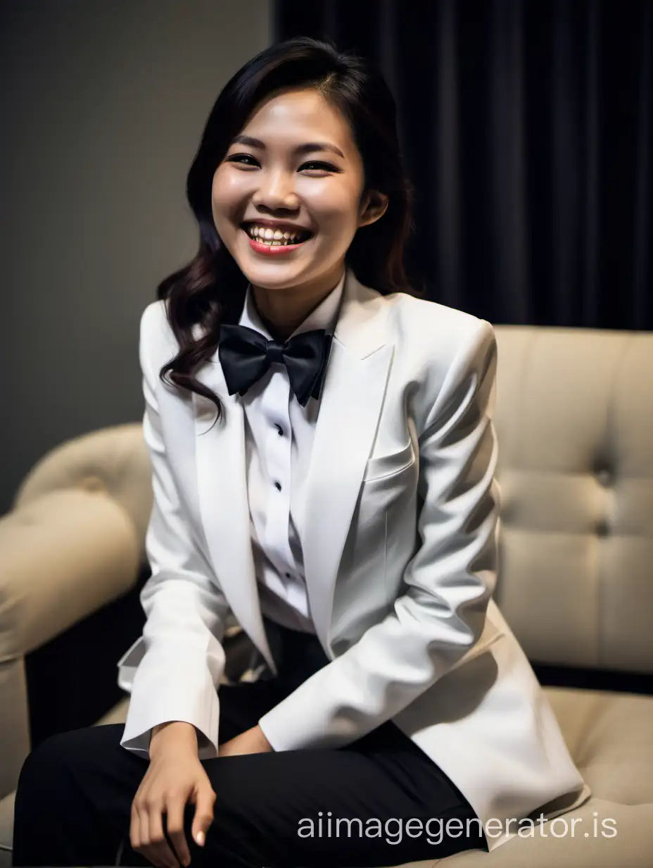 An elegant and sophisticated Vietnamese woman with shoulder length hair is sitting on a couch in a dark room.  She is wearing a white dinner jacket over a white shirt with a black bow tie. Her pants are black.  She is smiling and laughing.