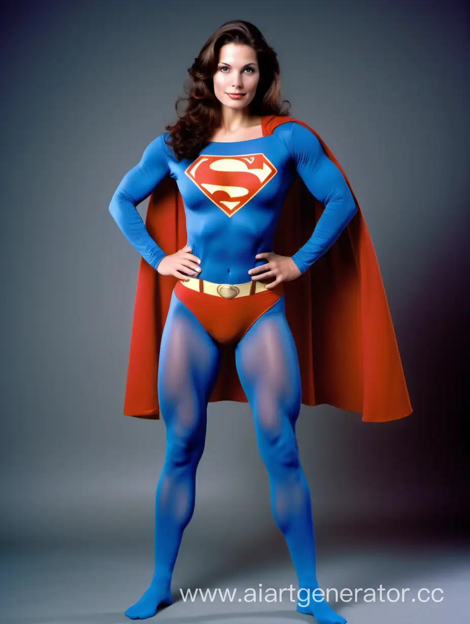 A beautiful woman with brown hair. Age 29. She is happy and muscular. She has the physique of a champion body builder. She is wearing the classic Superman costume worn by Christopher Reeve in "Superman The Movie", with (blue opaque leggings), (long blue sleeves), red briefs, red boots, and a long cape. Her costume is made of very soft cotton fabric. She is posed like a superhero. Strong and powerful.