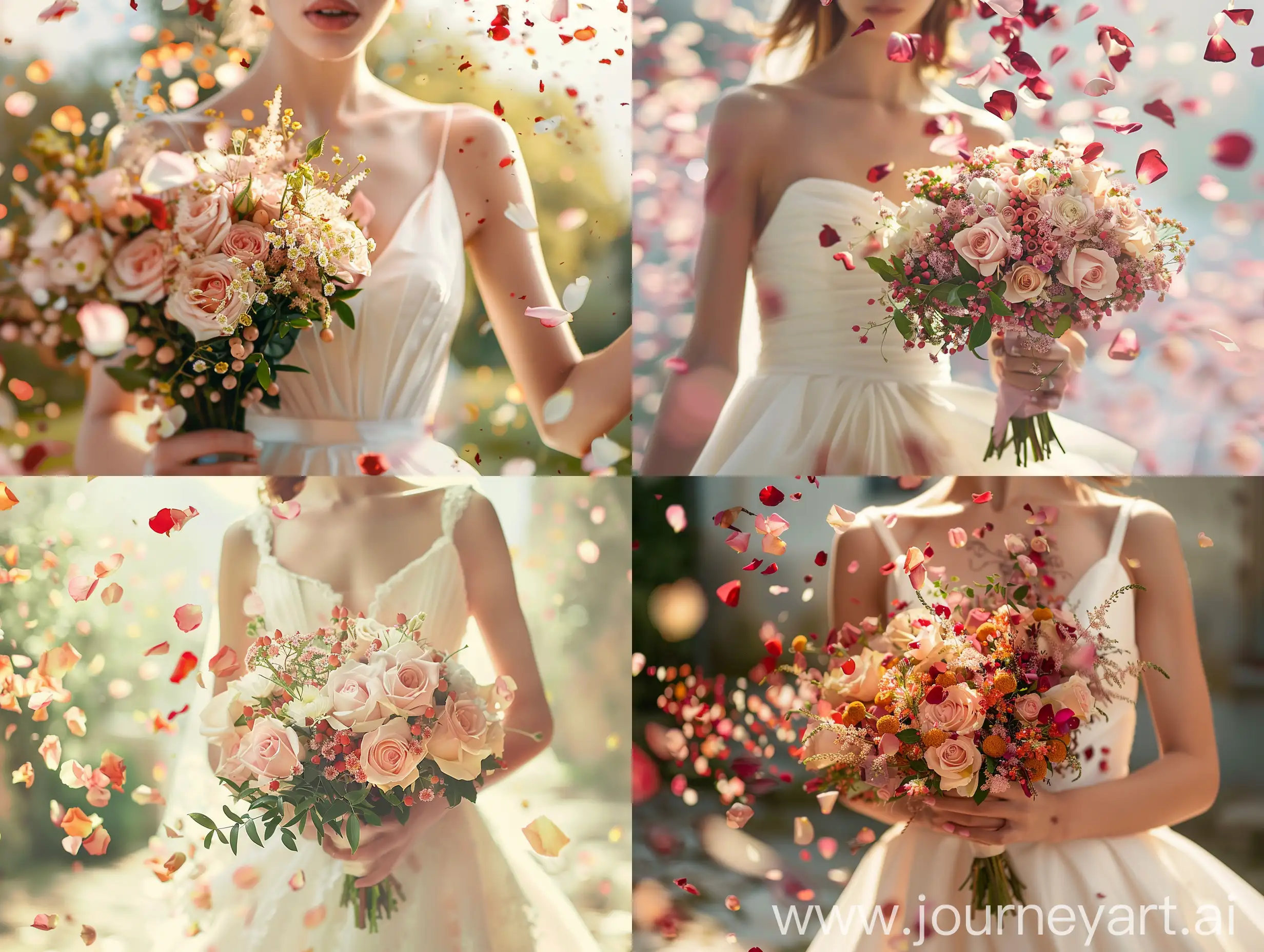 beautiful wedding bouquet of flowers, the bouquet is held by a young lady, rose petal confetti is flying from above, her hand is not visible, she has a white dress with a strong neckline, very small depth of field, high quality, photorealistic quality, sunshine, summer, Italian climate, strong close-up , you can see only flowers and a dress in the background, no hands, lots of rose petals falling down the top