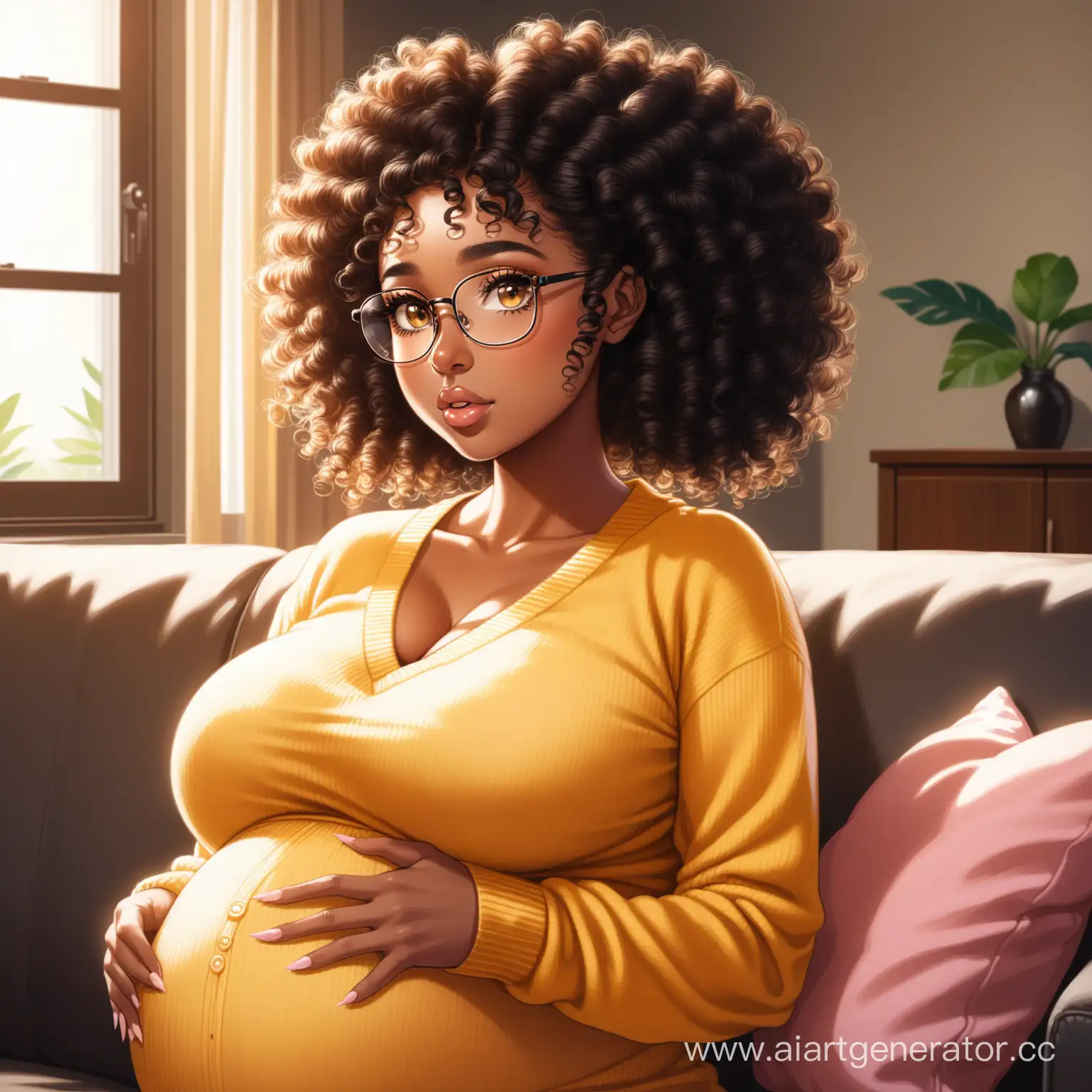 Girl, dark skin, brown eyes, big eyes, lush lips, big nose, lush eyelashes, afro curly hair, pigtails, big breasts, pregnant. Yellow sweater, black lassins, glasses. Sitting on the sofa, in the living room, day, warm light from the window