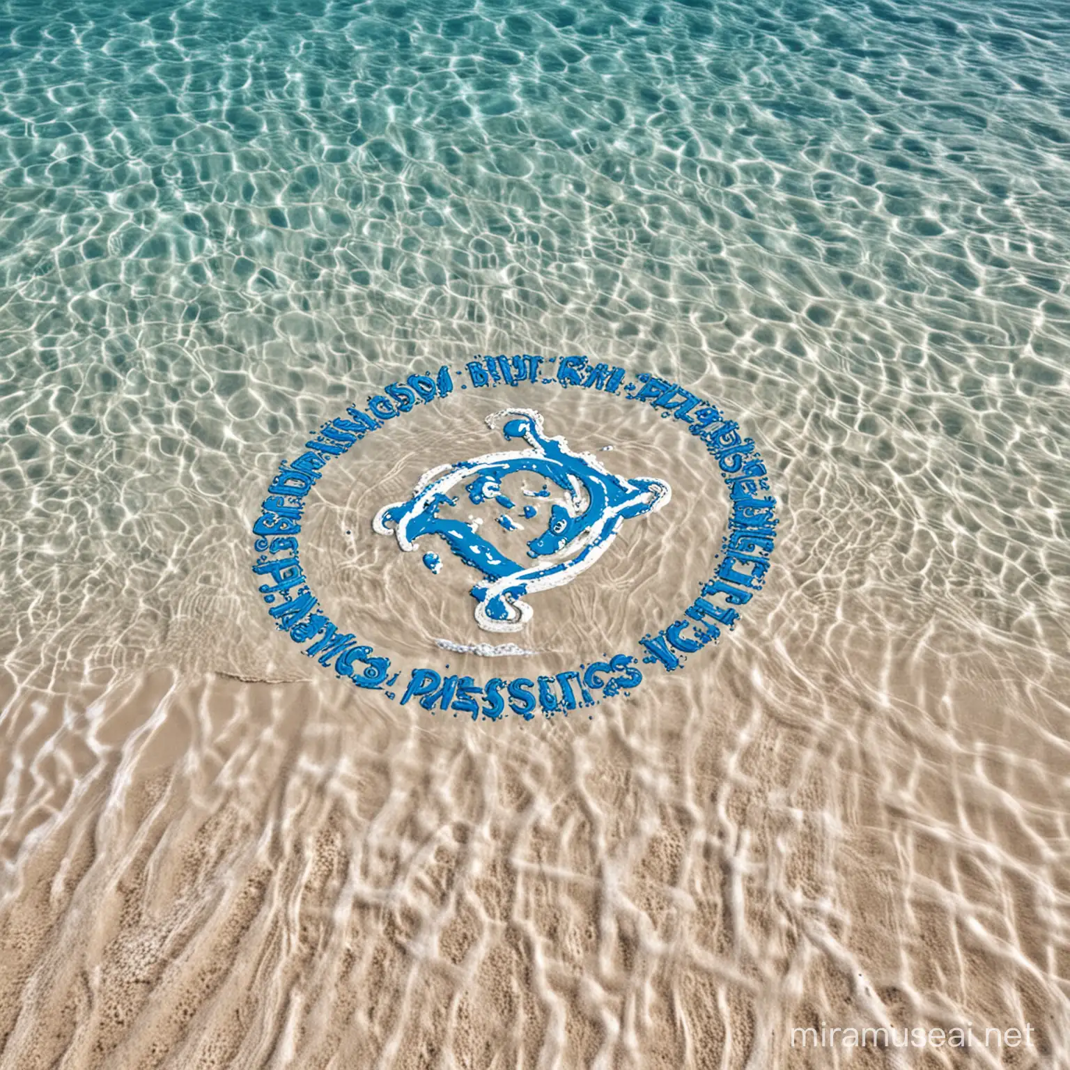 A clean beach with clear blue water and a Poseidon Plastics logo by the side