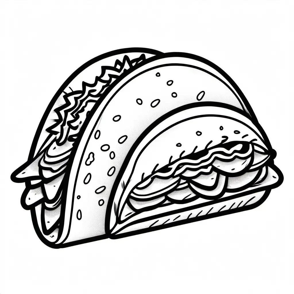 Tacos  bold ligne and easy for kids , Coloring Page, black and white, line art, white background, Simplicity, Ample White Space. The background of the coloring page is plain white to make it easy for young children to color within the lines. The outlines of all the subjects are easy to distinguish, making it simple for kids to color without too much difficulty