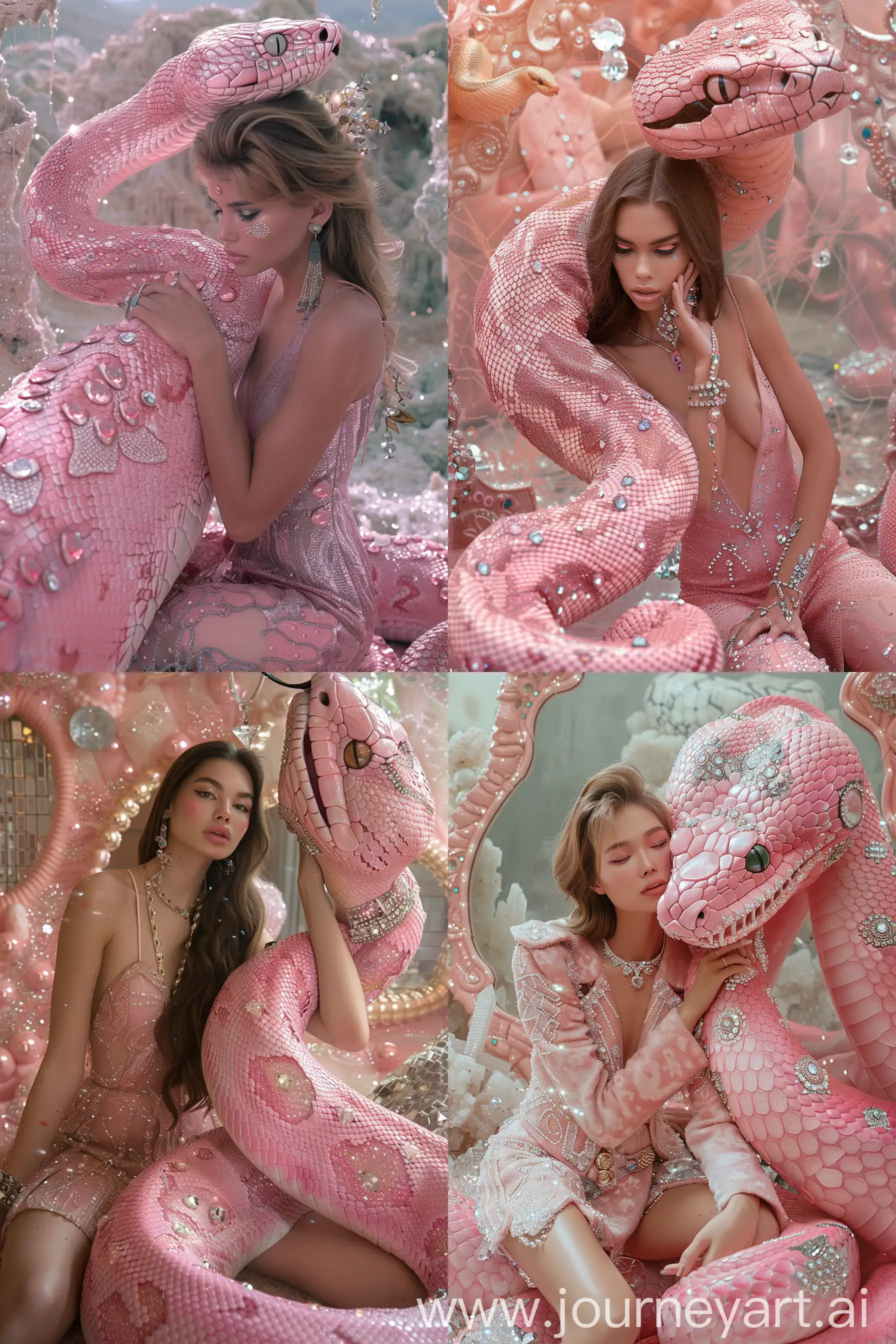 Enchanting-Encounter-Woman-Embracing-Giant-Pink-Snake-in-Fantasy-Realm