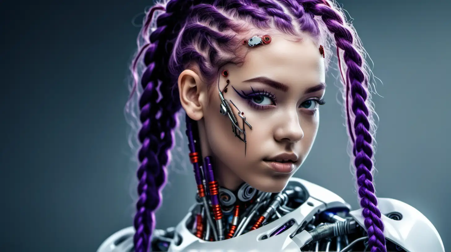 Gorgeous cyborg woman, 18 years old. She has a cyborg face, but she is extremely beautiful. Wild hair, purple braids, red braids. European woman, white woman.