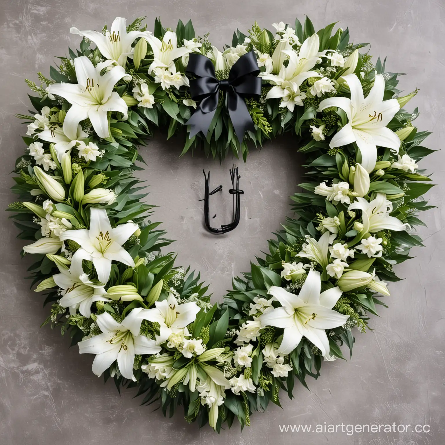 похоронный венок в виде сердечка с белыми лилиями и зелёными листами, а так же с чёрным бантиком и буквой ж по середине