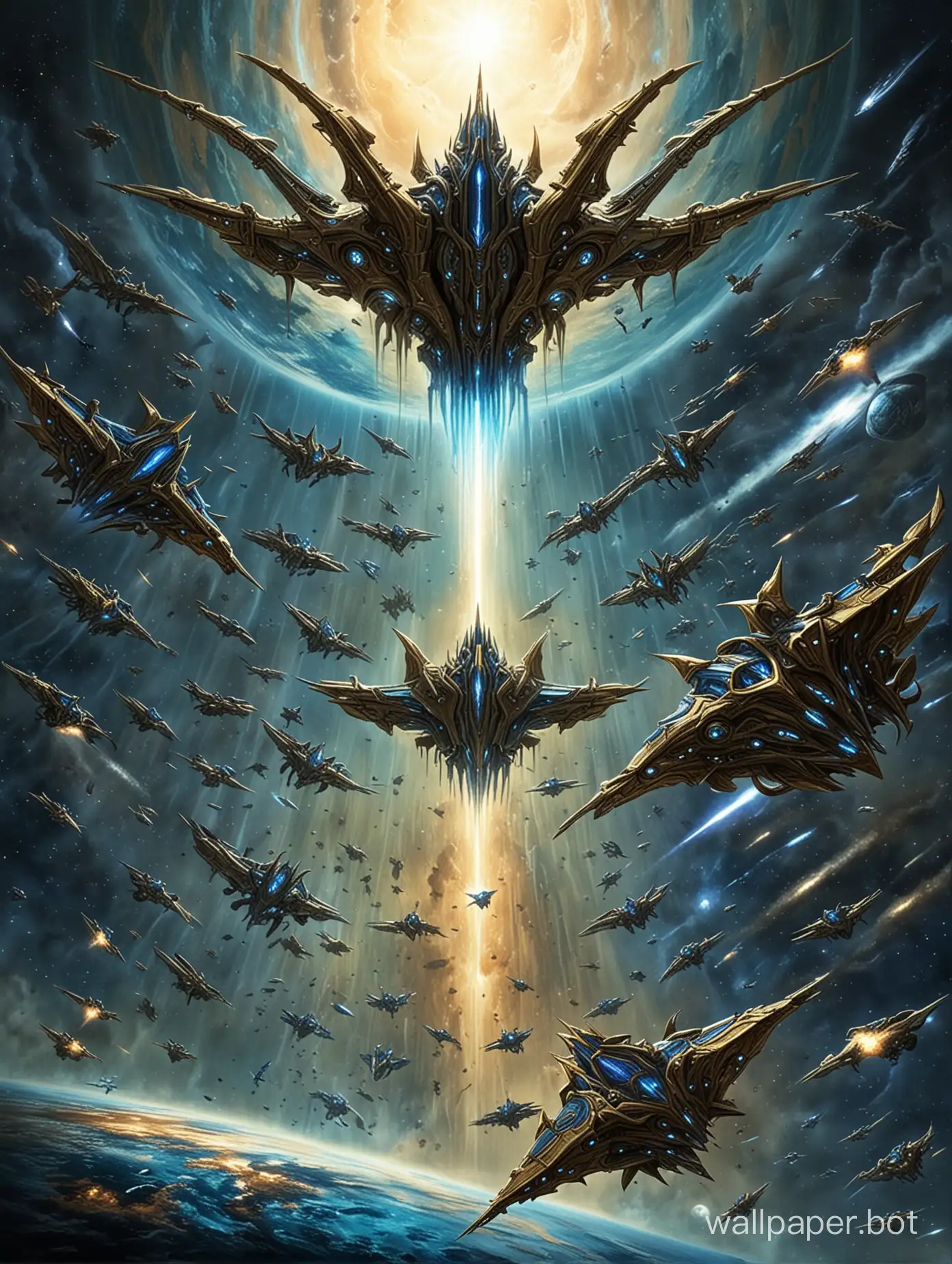 Protoss-Armada-Invading-Earth-SciFi-Extraterrestrial-Fleet-Descending-Upon-Planet
