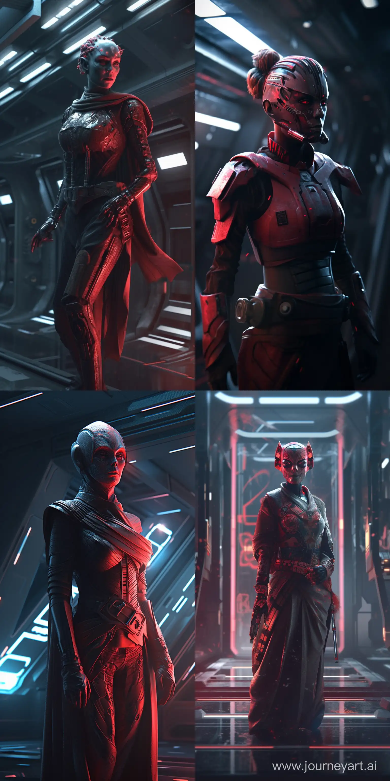 Star Wars character, a Sith, Hyper detailed portrait of Zabrak woman Darth Maul, incredibly beautiful and dangerous, with Sith lightsaber in hand, runs along the deck of a spaceship, epic emotions and movements, galaxy fog, Perfect Composition, aesthetic, scandalous pose, full body, hyper realism, 5D Dimension, unreal engine, galaxy, 3d octane rendering, CGI, dark fantasy, by Zack Snyder --s 300 --q 5 --ar 1:2 --upbeta --v 5