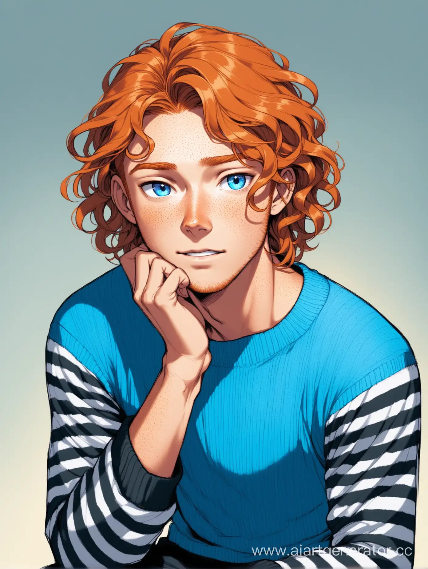 Vibrant-Curly-GingerHaired-Guy-in-Striped-Sweater-and-Freckles