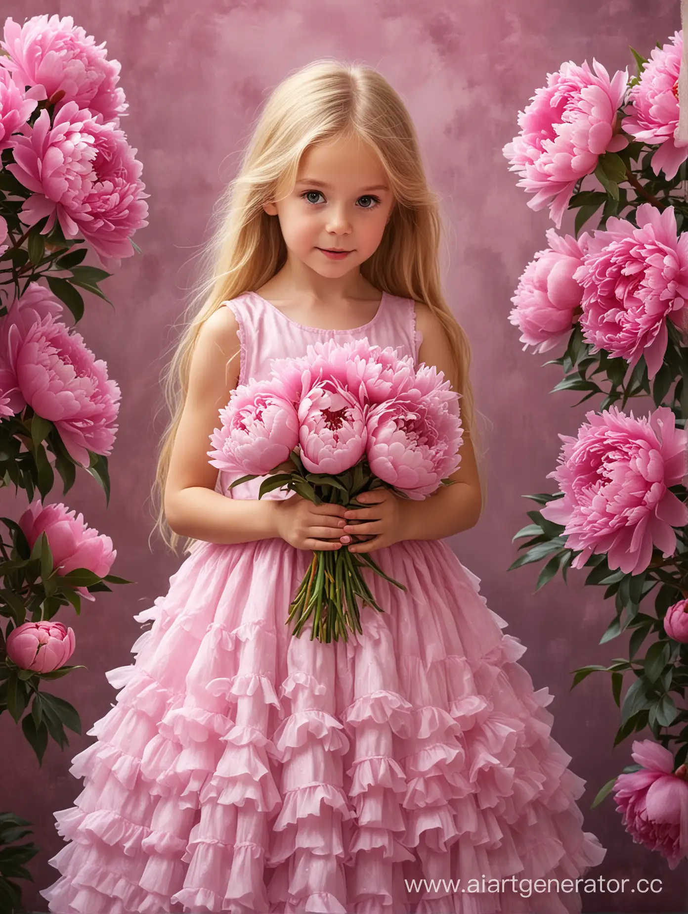 a little girl with a bouquet of flowers in her hands, peonies, long blonde hair, pink fluffy dress, picture, ,digital art, very, extremely beautiful, amazing contrasting background with peonies