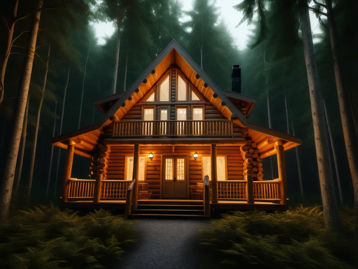a small log cabin built in the middle of a forest, the trees towering over. it is warm and cozy lit with soft warm lights