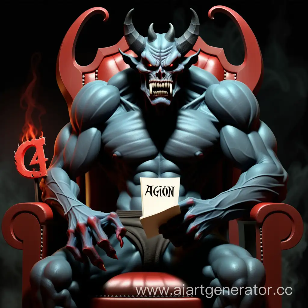 демон сидит на стуле и держит в руке слово айгон4ик