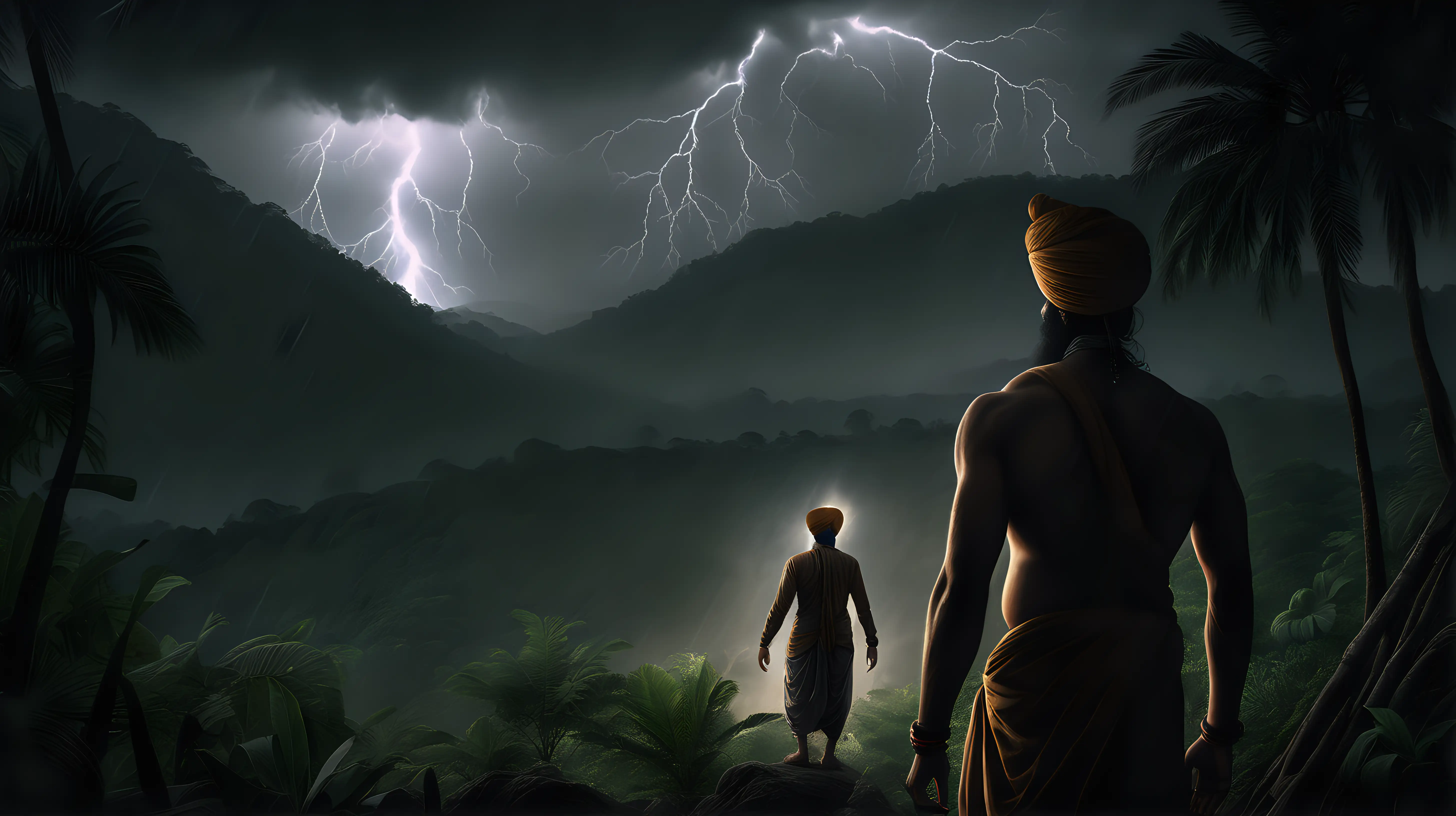 Sikh man in the distance with his back to the camera, no skin showing, Dark, gloomy, lightning strikes in the background, harsh jungle, chiaroscuro enhancing the intricate details, in a digital Rendering “v6”