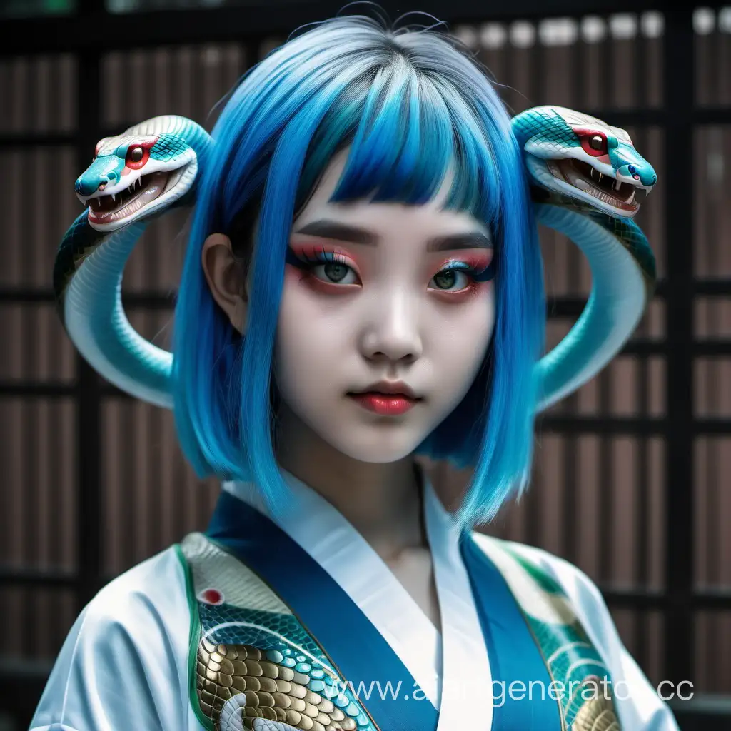 Девушка с синими волосами под каре, заостренными ушами, змеиными белыми глазами, чешуей на щеках, китайской одежде