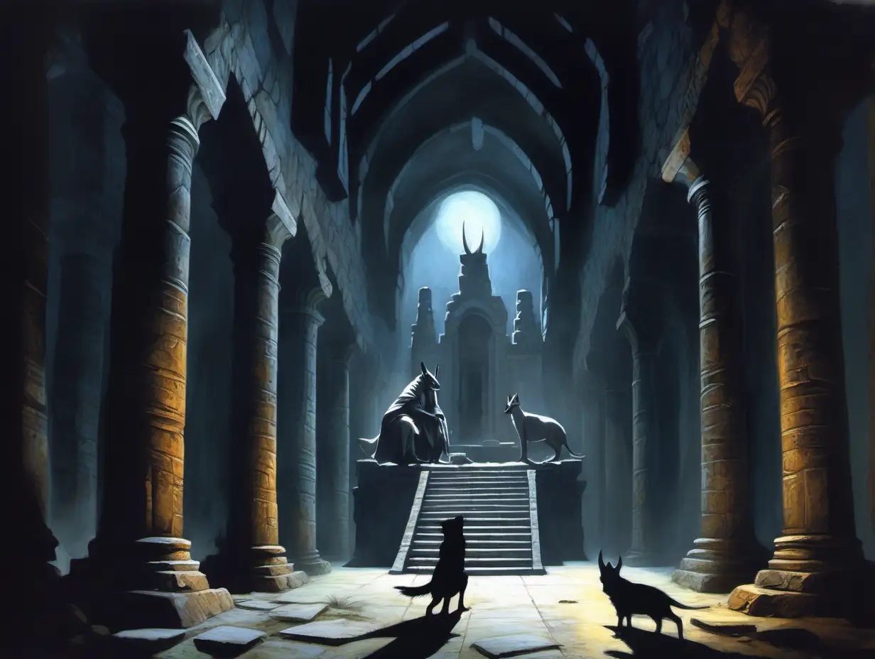 thin shadow animal, temple ruins interior, night, Medieval fantasy painting, MtG art