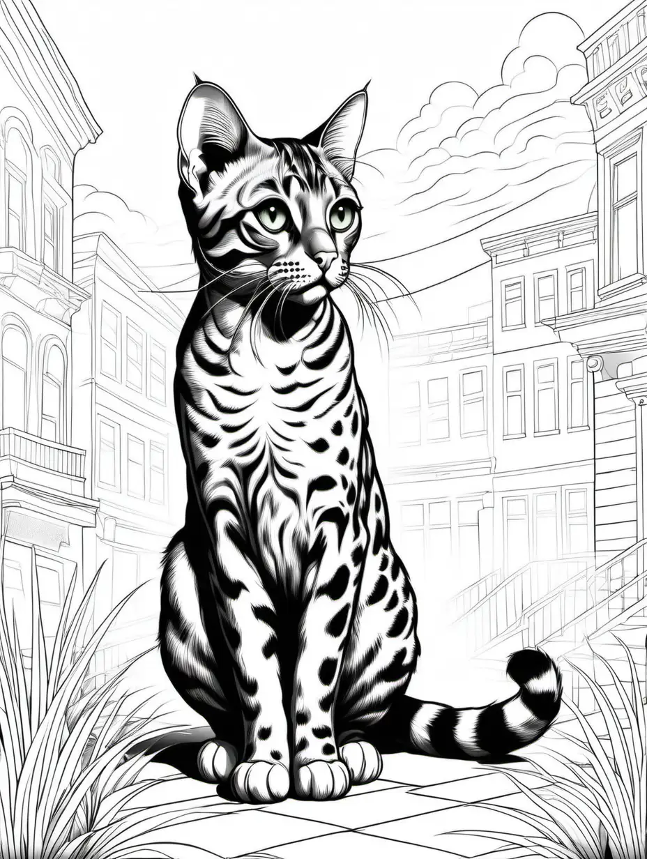 Generate an intricate and detailed coloring page for adults featuring a full body Bengal breed cat as the main subject. Emphasize the distinctive characteristics of the cat breed. The Bengal cat has a sleek and muscular body with a medium to large build. Its head is slightly rounded with a broad nose, and it features high cheekbones and a distinctive short muzzle. The ears are medium to small, with rounded tips, and they are set wide apart, contributing to the cat's alert and expressive appearance. The most notable feature of the Bengal cat is its coat, which displays a distinctive spotted or marbled pattern reminiscent of wild leopard markings. The fur is short, dense, and has a luxurious, glossy sheen, enhancing the breed's overall exotic look.The eyes of the Bengal cat are large, almond-shaped, and can be green, gold, or hazel, adding to the cat's intense and captivating gaze. The tail is medium-length with a rounded tip, and it often features a ringed pattern. Known for their energetic and playful nature, Bengal cats are often associated with a sense of wildness and adventure. Ensure that the image is in simple black and white, coloring book style. The 2D image should be detailed and intricate, filling the entire page with strong ink lines. Tailor the design for adults seeking a stress-relieving coloring activity. Incorporate a background that reflects a traditional American city scene. The cat must wear a collar with an American Flag tag.