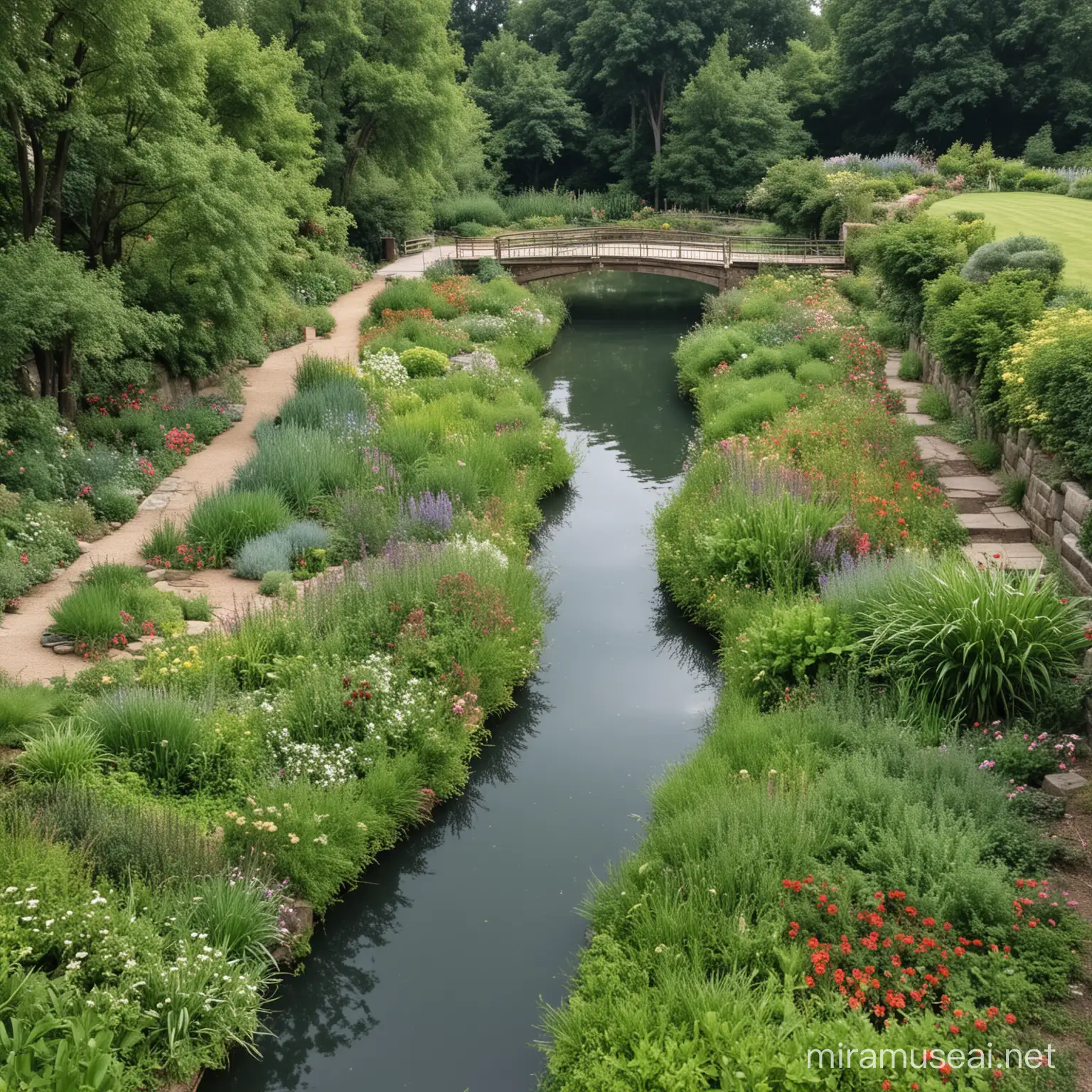 Rustic Riverside Eden with Lush Gardens and Serene Flowing Water