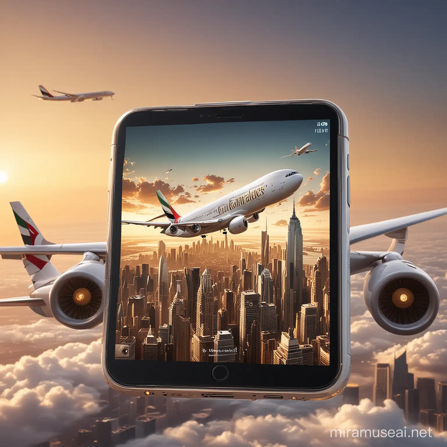 Create a highly stylized digital artwork that seamlessly blends a smartphone and a commercial airliner into one object. The smartphone's screen is to display a futuristic city skyline, indicating a travel theme, with the branding 'Emirates' prominently featured. The body of the airplane should emerge from the smartphone, suggesting they are one entity, to symbolize the intersection of advanced technology and luxury air travel. The style should be surrealistic and glossy, with a high degree of shine and reflection. The lighting should be dramatic, with a golden hue reminiscent of sunrise or sunset, adding to the premium feel of the composition. The background should be a gradient of soft white to highlight the silhouette of the combined objects, 32k render, hyperrealistic, detailled.