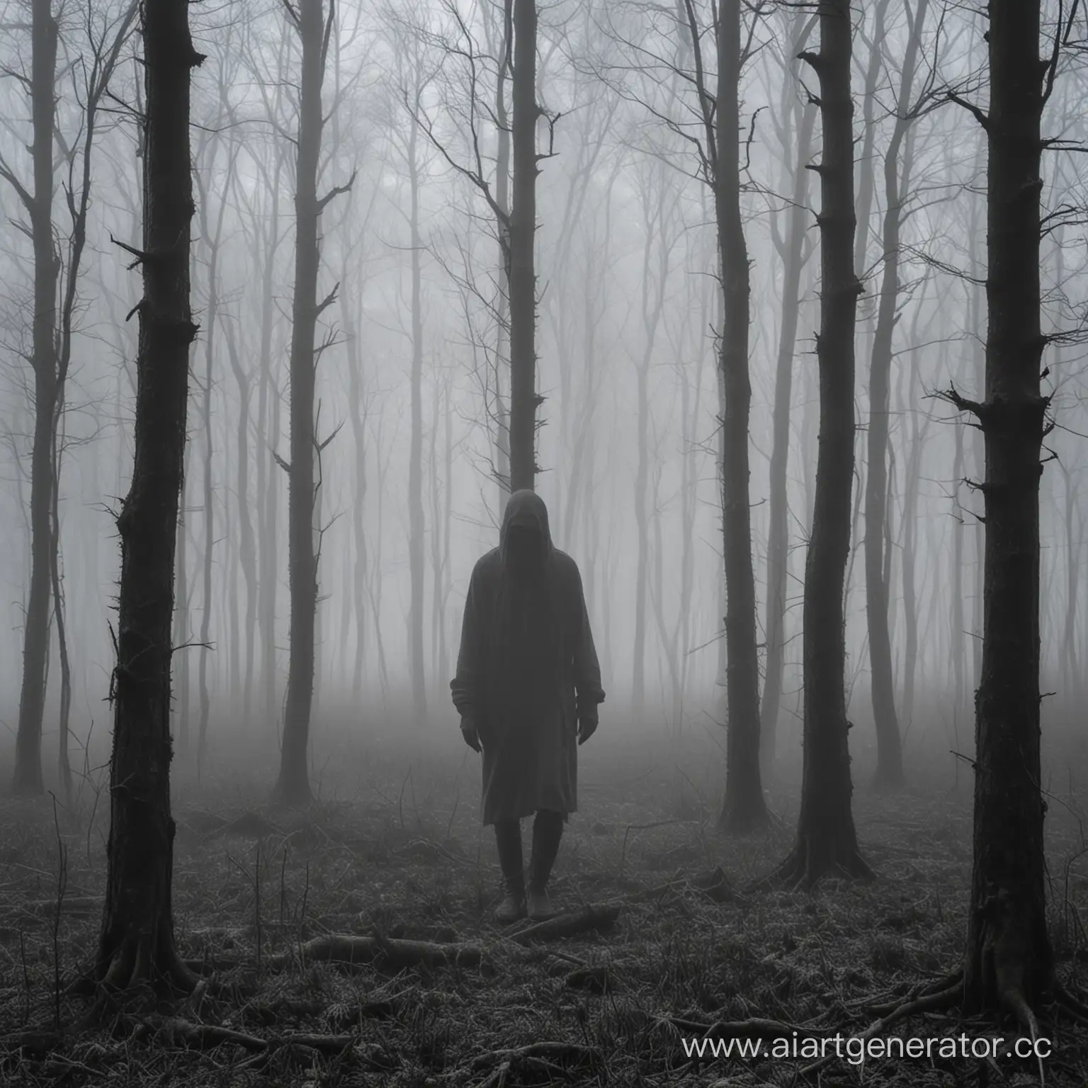 пейзажа старого леса, погруженного в густой туман. из мглы появляется загадочный мужчина, чье лицо покрыто тенью.