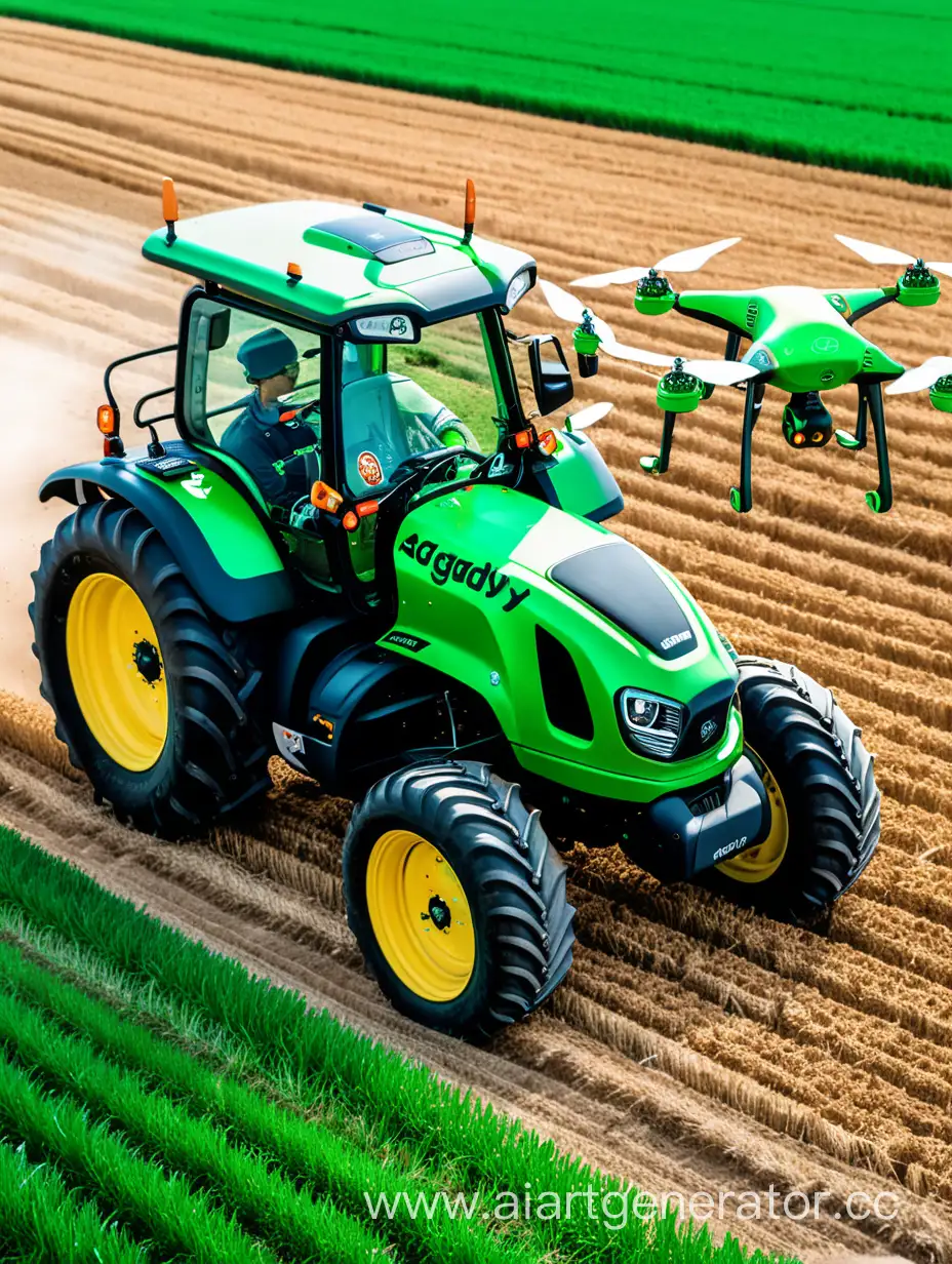 зелёный умный трактор с нашим автопилотом марки AGDY, наклейки на тракторе, так же вокруг трактора летают сельскохозяйственные дроны