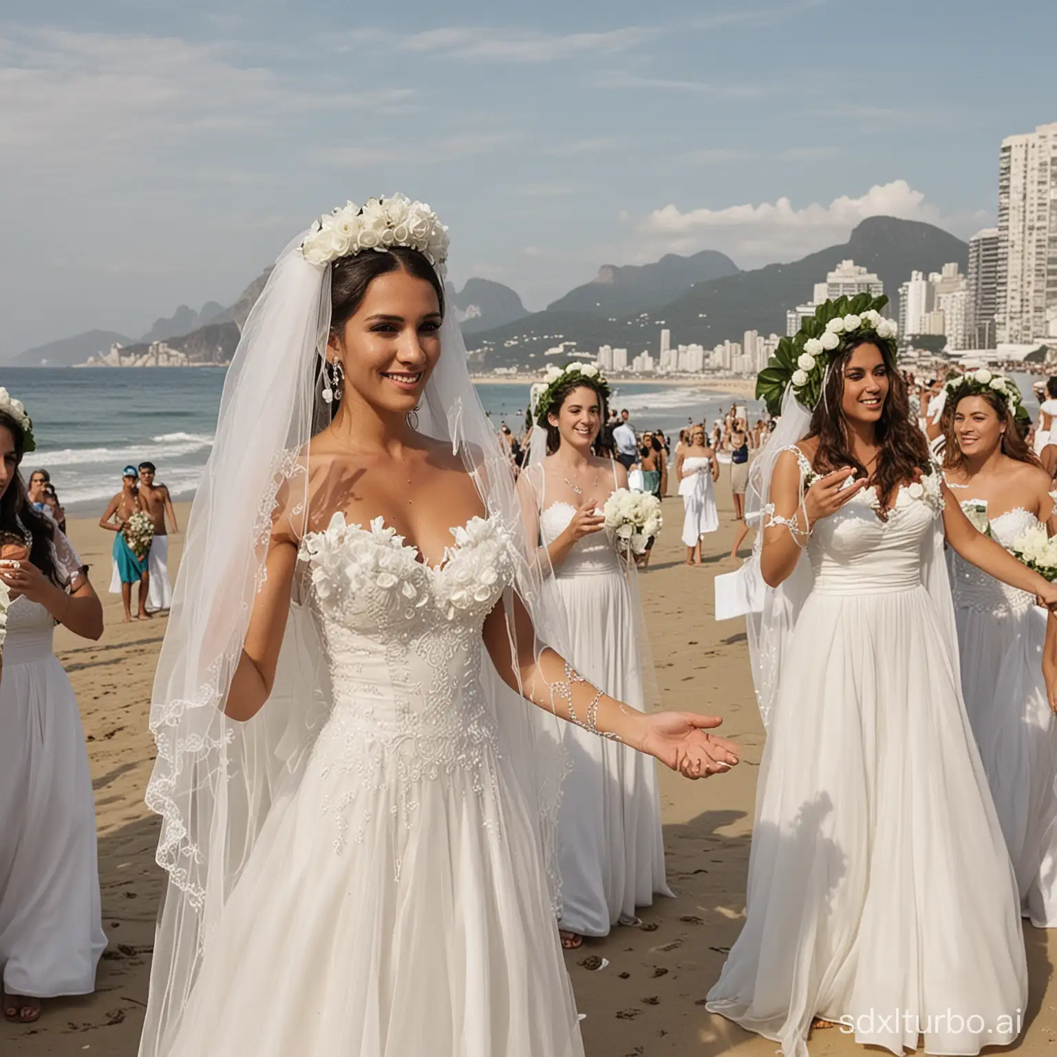 Orquestra das noivas de véu e grinalda e luva branca regida por noiva de véu e grinalda se apresenta na praia de Copacabana e pessoas vendo