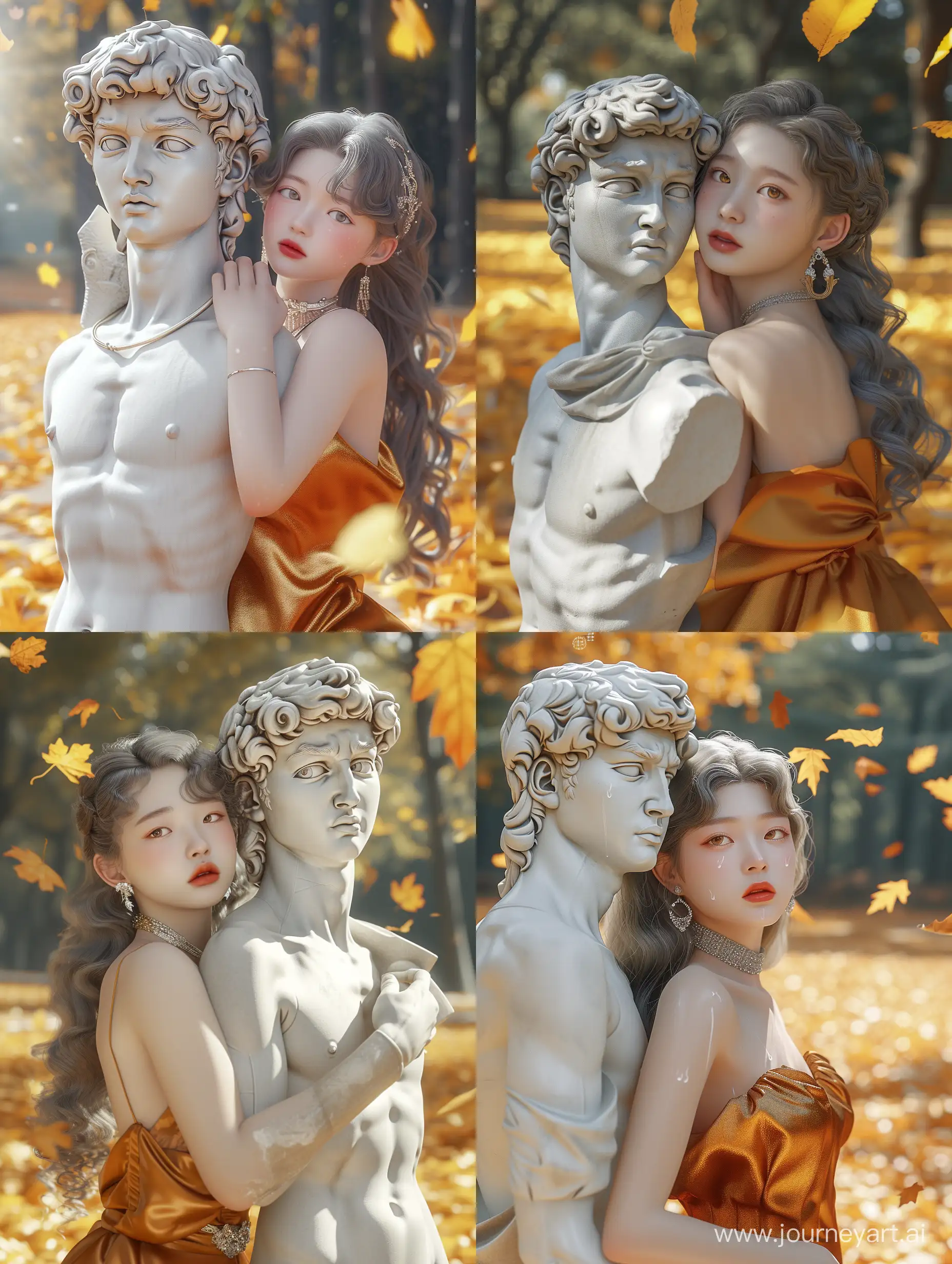 A realistic image full body of a young Asian girl, 21 years old, smooth skin, rosy cheeks, thick glossy lips, long silver gray hair, earrings, necklace made of detailed metal, her face She showed emotional emotion, she wore a simple amber dress made of shiny silk, she leaned her back against the statue and put her arms behind her around the neck of the glossy white stone statue of a young man with curly hair. , the statue is taller than the girl, many yellow leaves fall on the ground in the park, fallen leaves fly in the wind, bright sunlight refracts on the object, detailed, high quality, 4k, 8k