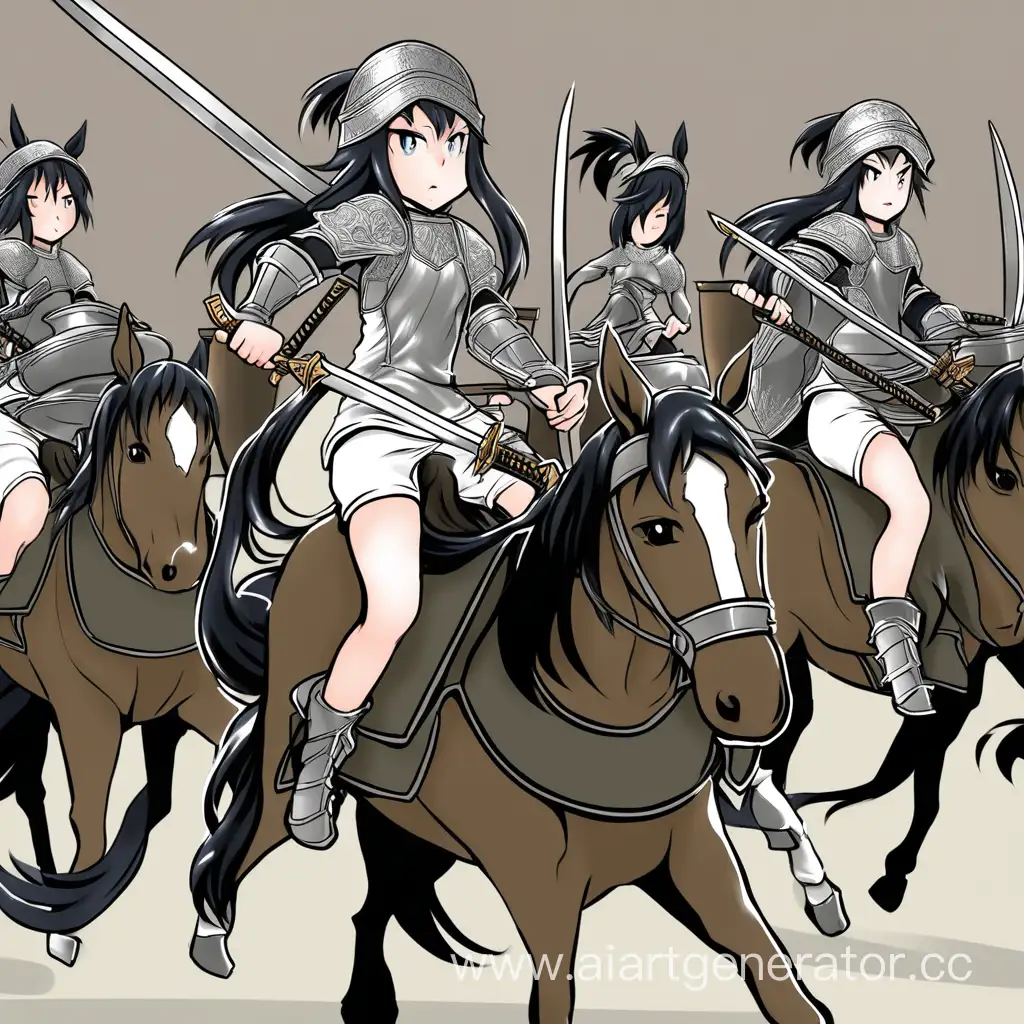 Девушки на конях,  в подштанниках, с мечами и крышками от кастрюль вместо щитов.