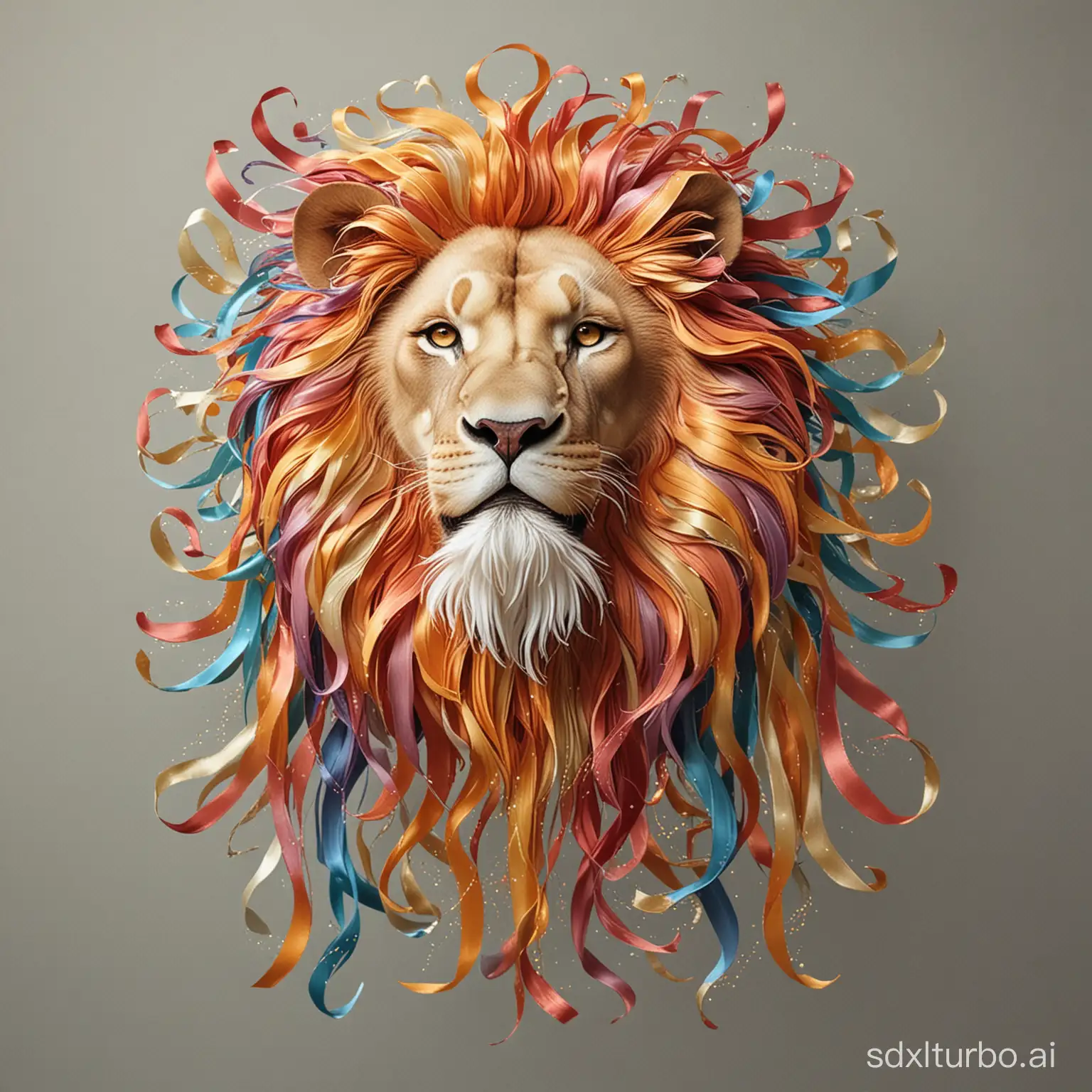 Leo is a roaring lion. [style] is silk ribbons. Picture a network of struts or supports that outline Leo. The network should be airy and not densely packed, only hinting at the [object] shape, revealing that Leo is completely hollow. The struts should be [style] of varying widths painted vibrant colors