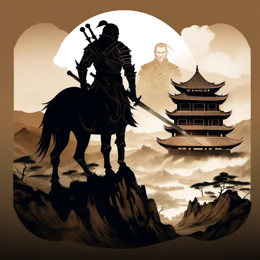 A double exposure illustration of the Witcher in ancient China, with a large knight shadow at the back, and a smaller silhouette of knight standing amongst a landscape, sky brown and white, with a white background.