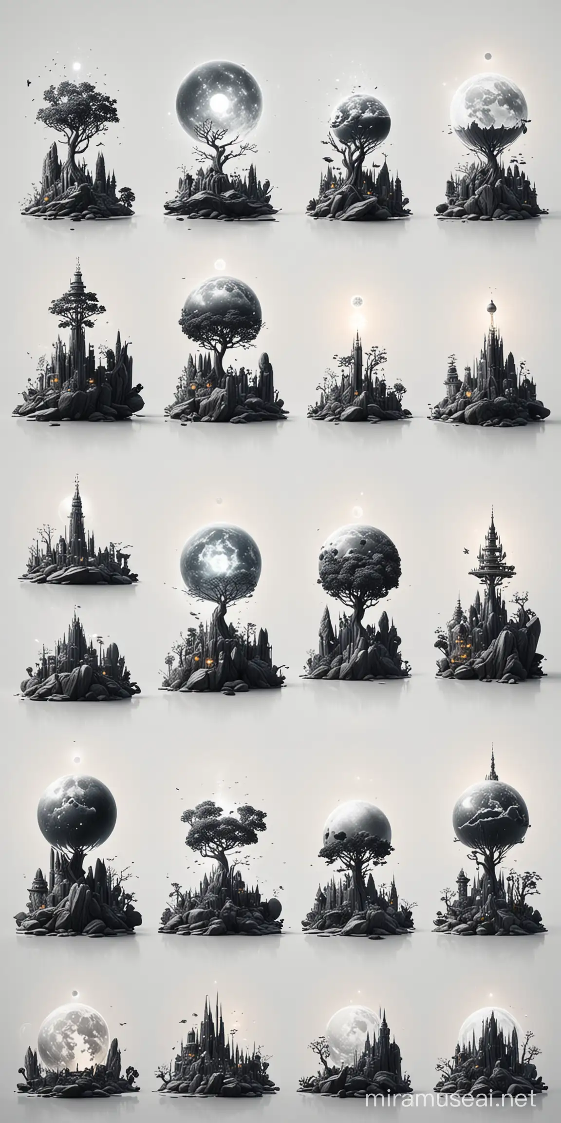 Row of Seven Worlds Dark to Light Motion Style Illustration