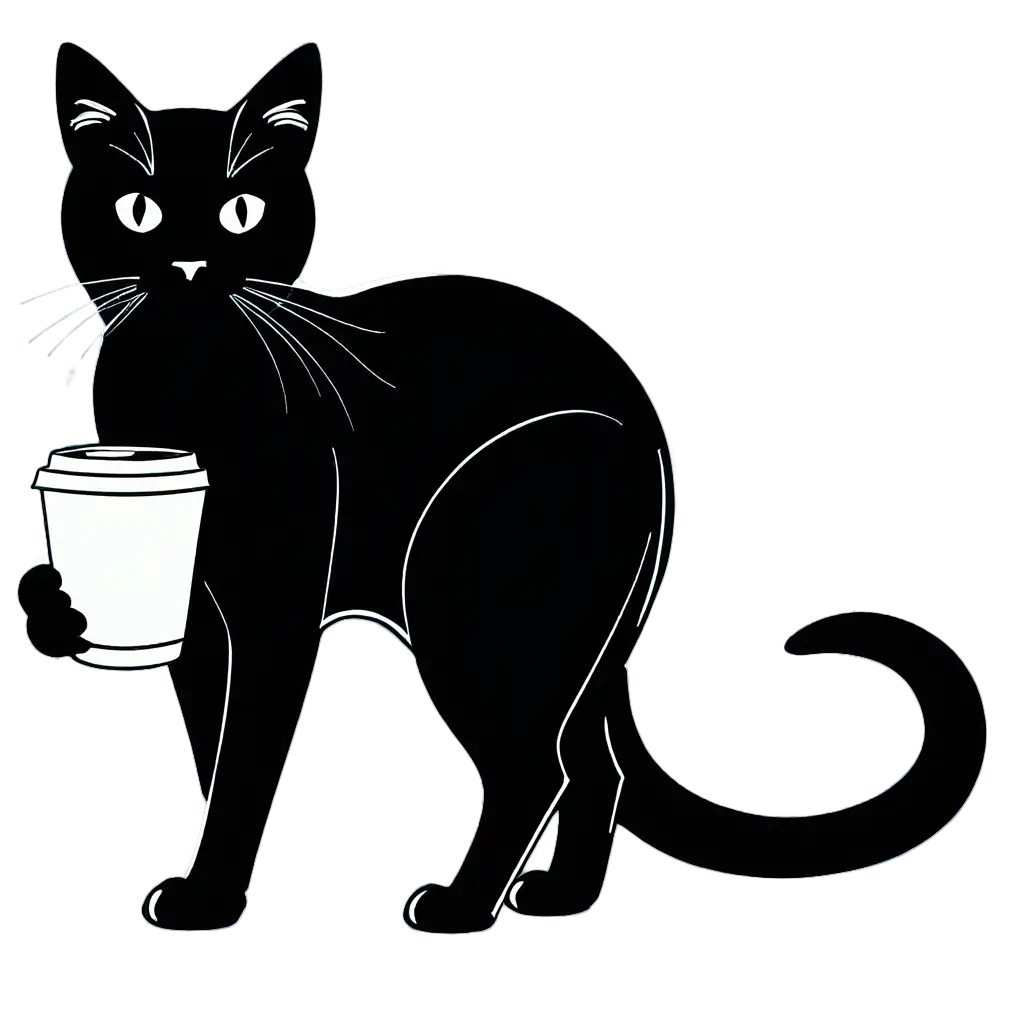 simple line art drawing of a serious-looking black cat sitting behind a coffee cup, looking forward at the camera