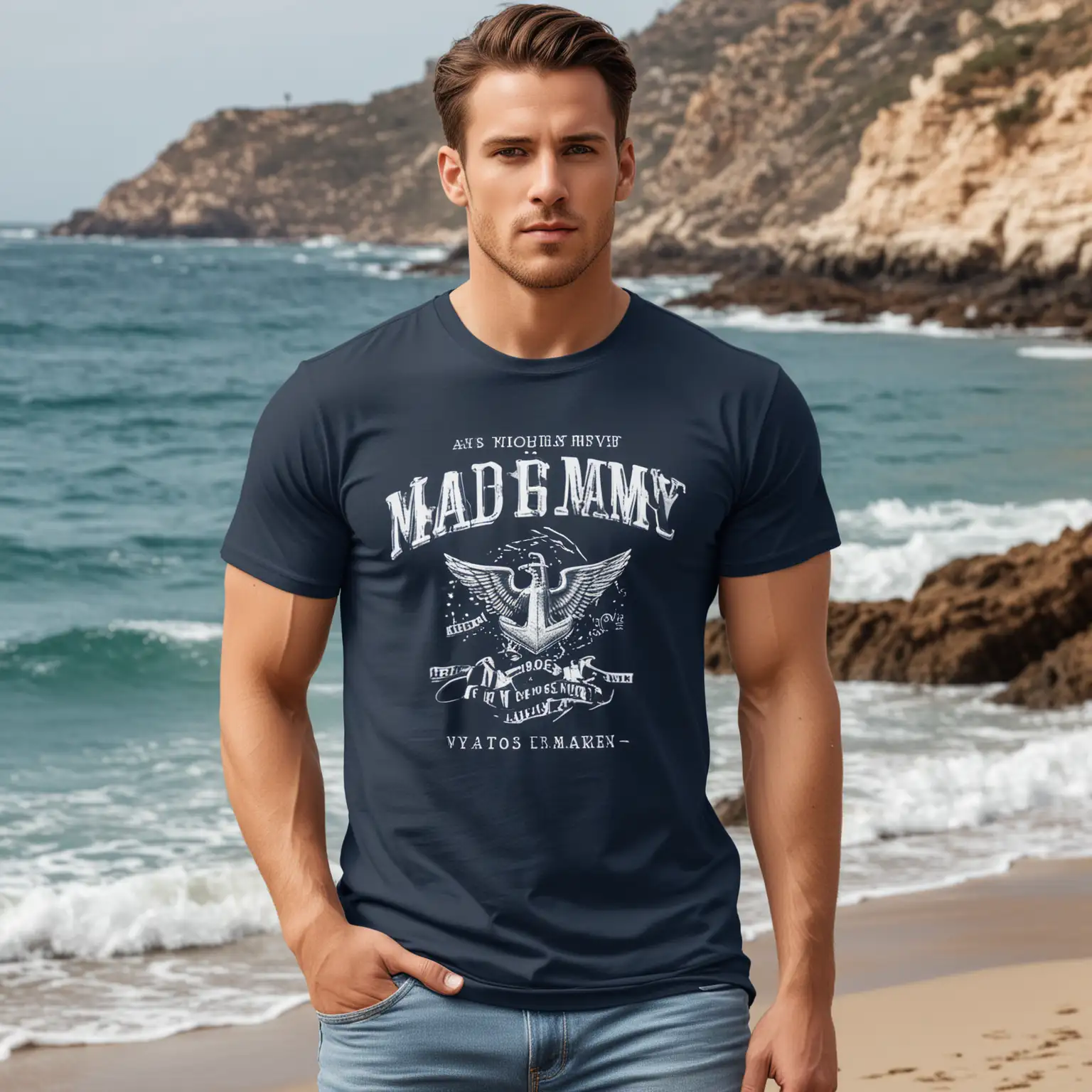 A MOCKUP FOR A NAVY TEE.  THE MODEL SHOULD BE MALE. THE BACKGROUND OF THE PHOTO SHOULD LOOK LIKE THEY ARE BY THE OCEAN.
