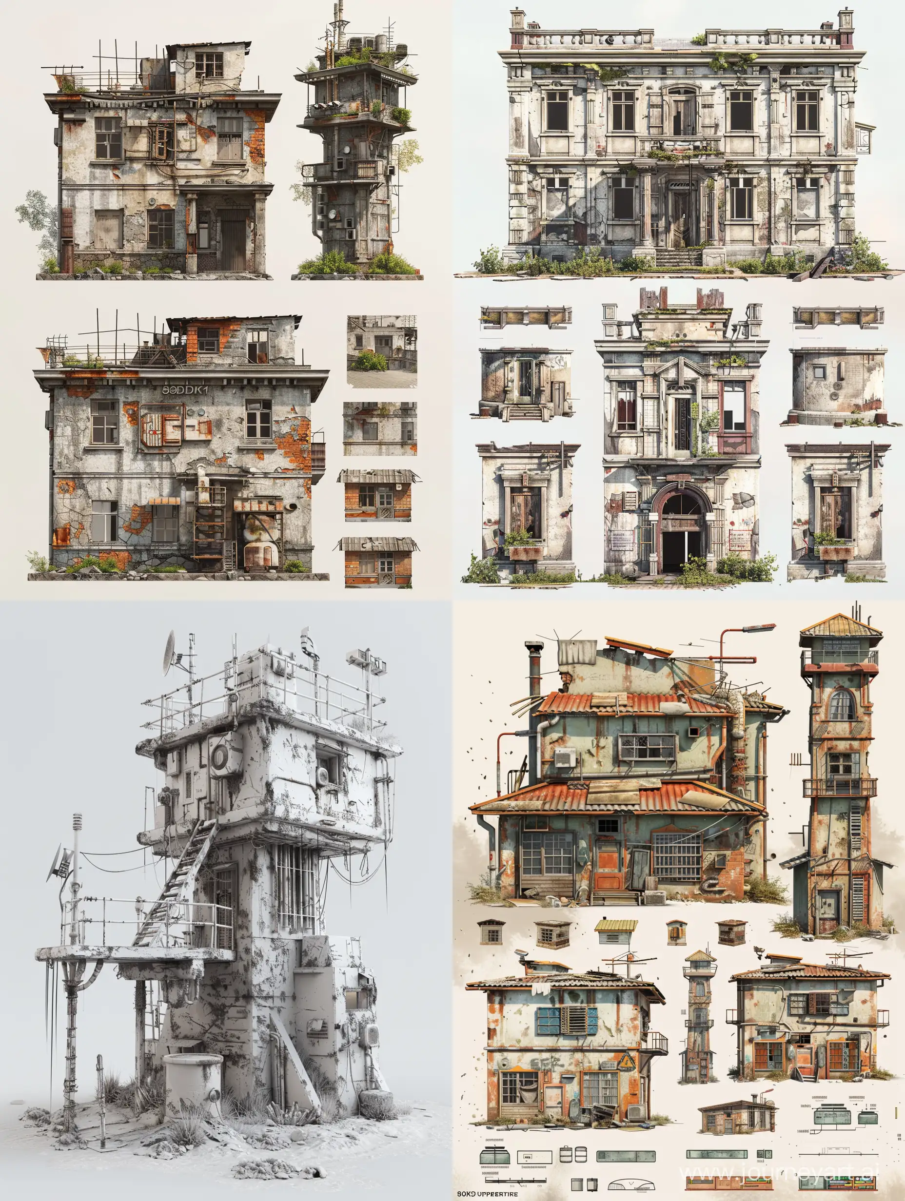 front view. a set of sprites for a 2D platformer. post-apocalypse, brutalism. details of the building . with an old Russian style house. details of the Tower of the future. cyberpunk. A map of sprites. minimalism. post-apocalypse, brutalism. 8k. photorealism, unreal engine
