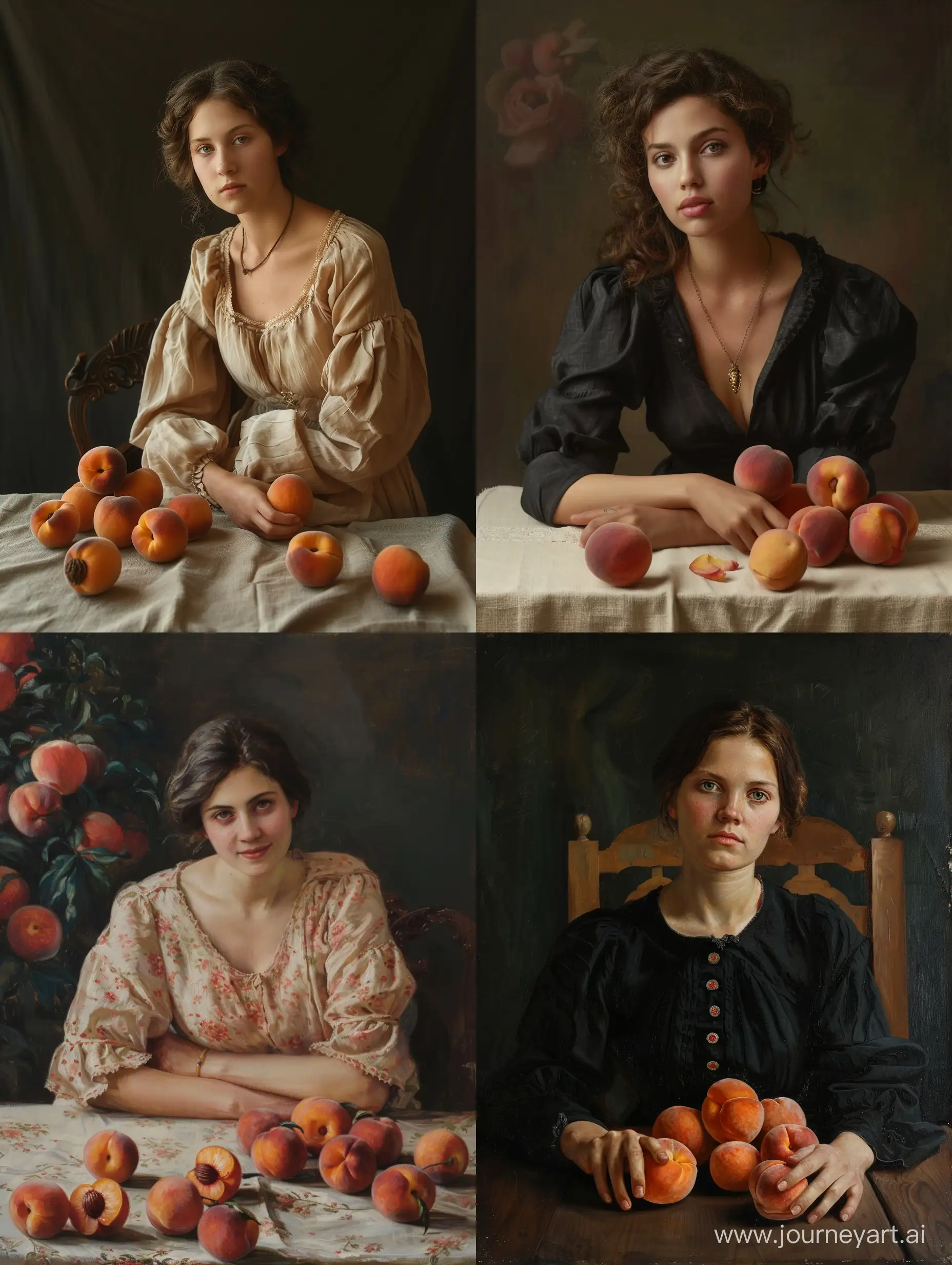 Woman with peaches sits at the table