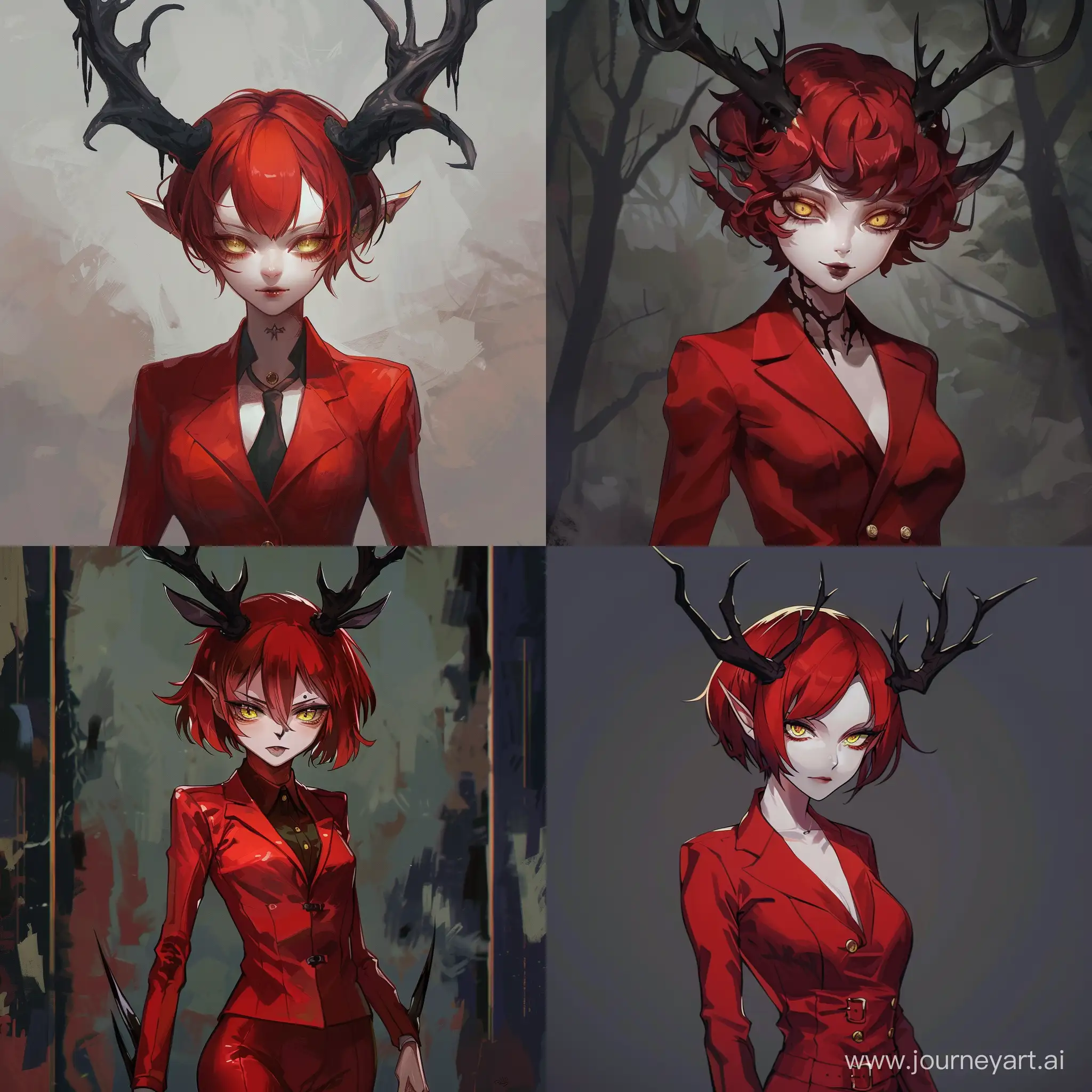 Demon girl with black deer's horns, red short hair, pale skin, yellow eyes, in red suit in anime style