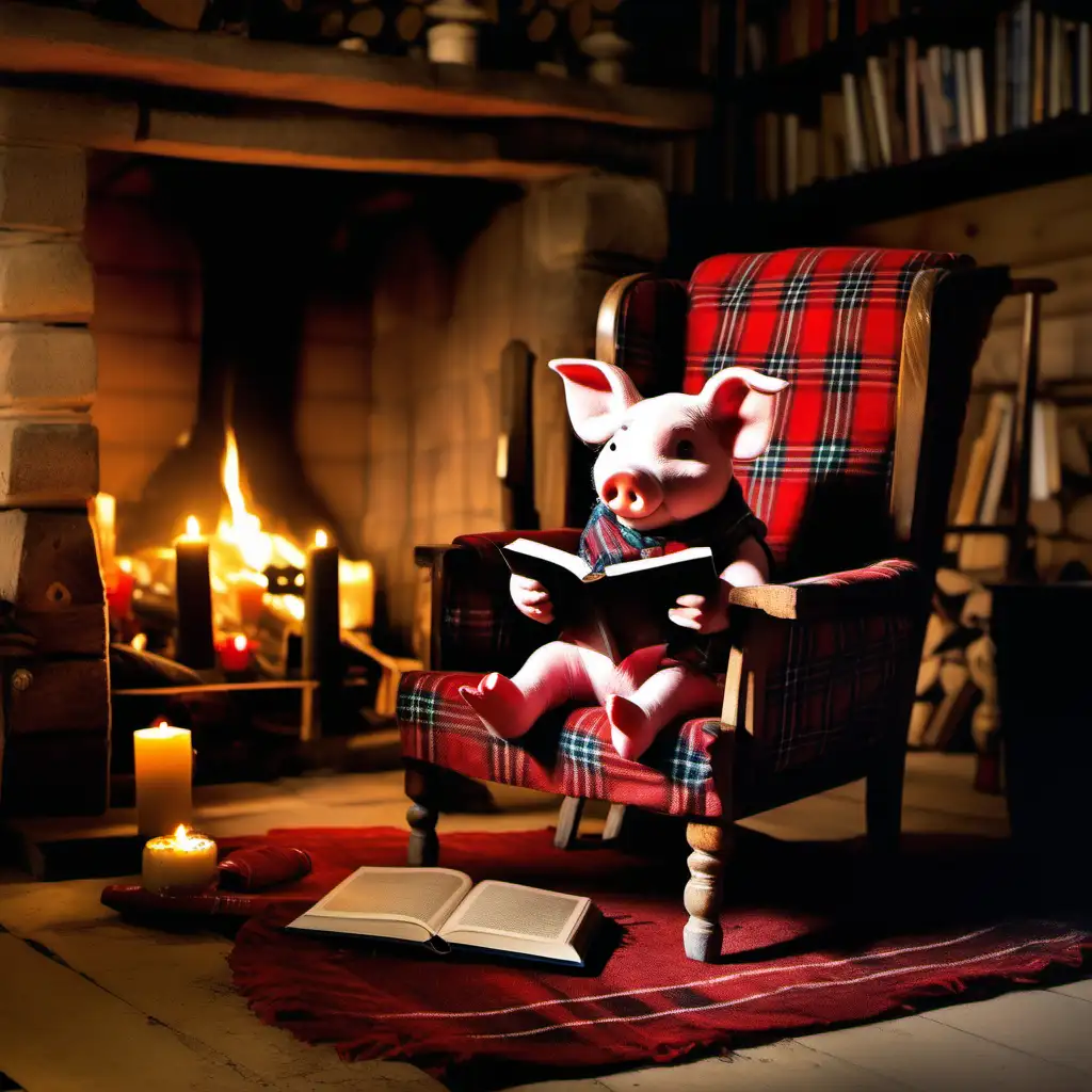 A piglet sat reading a book in an old armchair, in front off an open fire, wooden home, rug on the floor, candles. Piglet wearing a tartan top