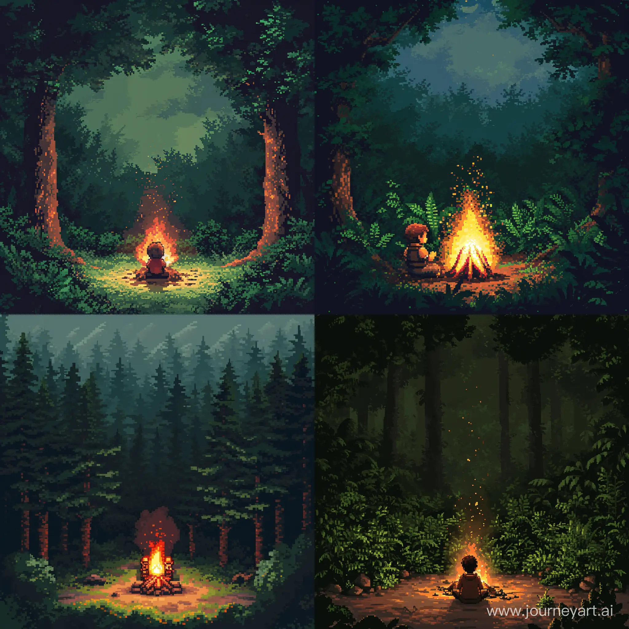 generate an 8bit image of a character sitting in front of a campfire with a dense forest as background