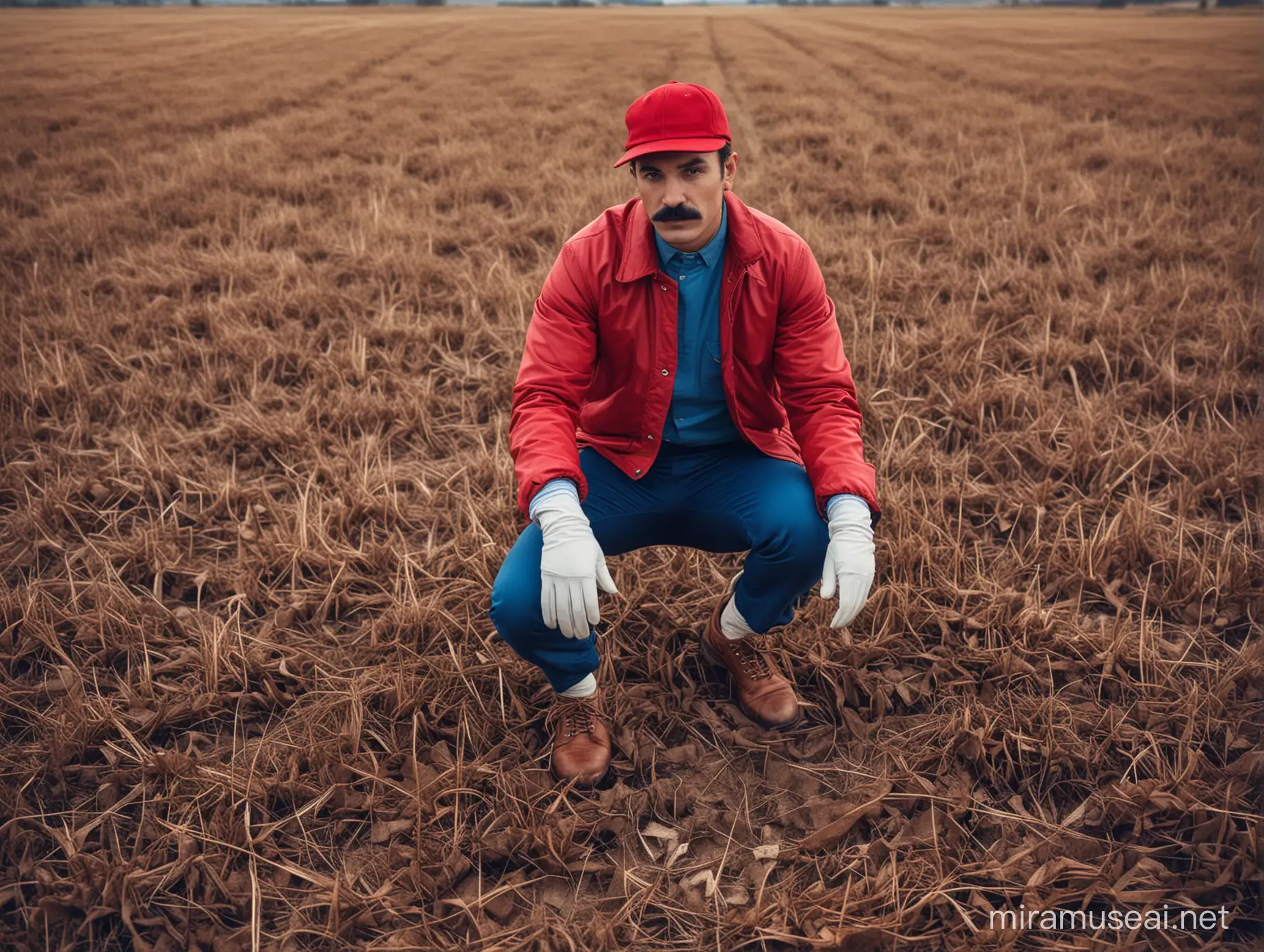 Stylish Man with Black Mustache and Red Cap in Cinematic Field