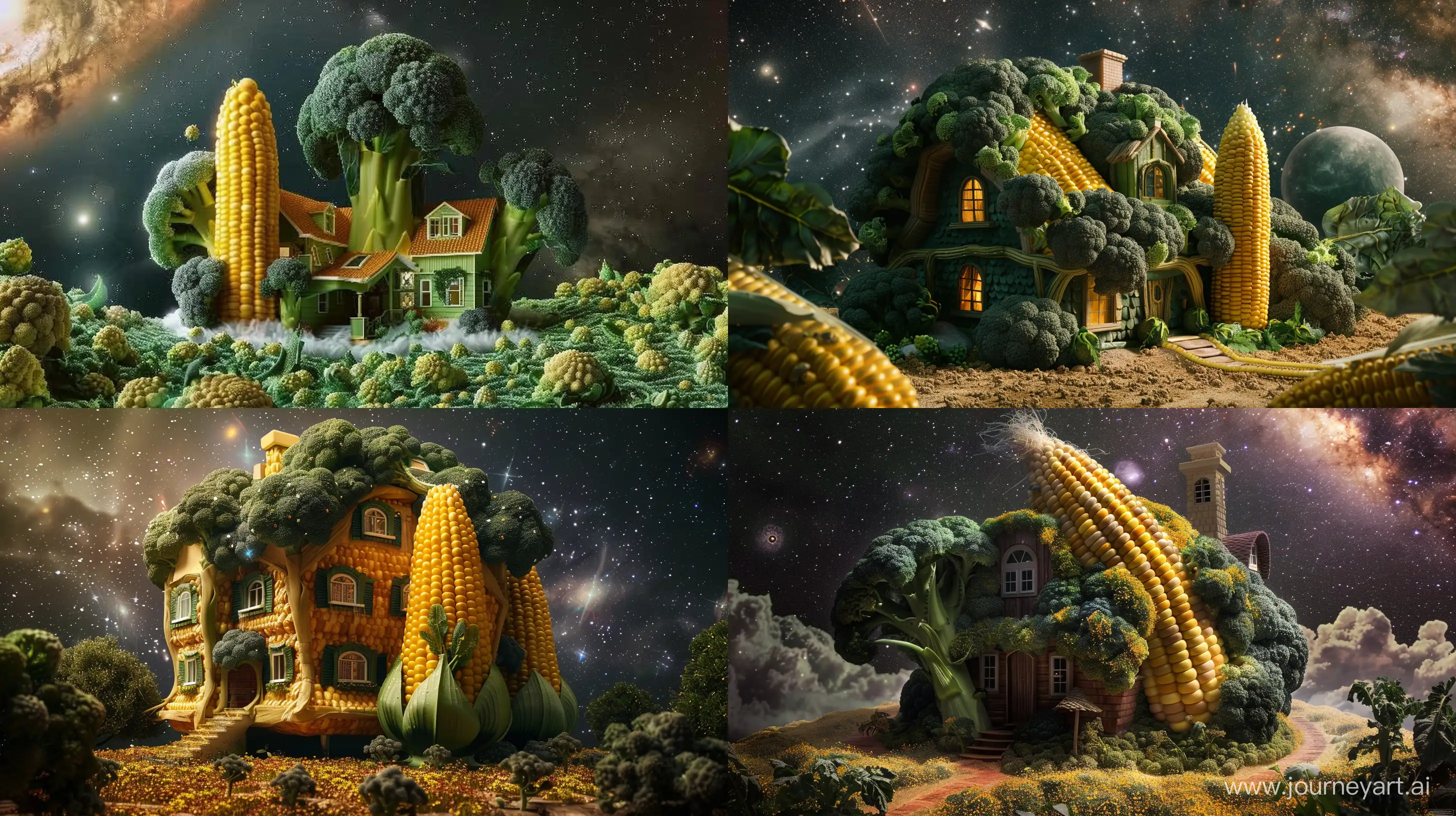 big house in the shape of corn and broccoli, in the galaxy, fantasy style, realistic --ar 16:9