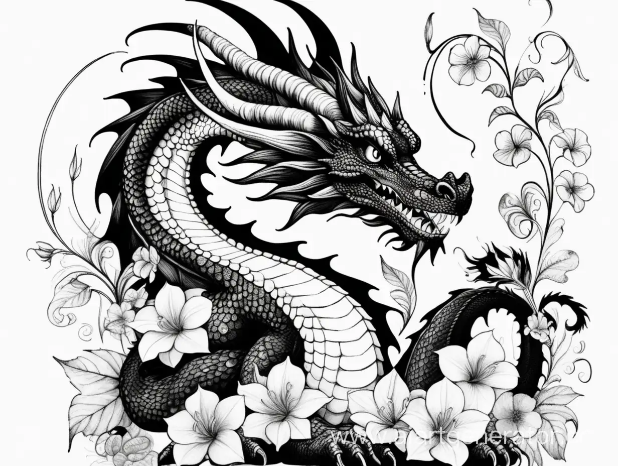 Dragon with flowers, black and white pattern, high contrast, on a white background