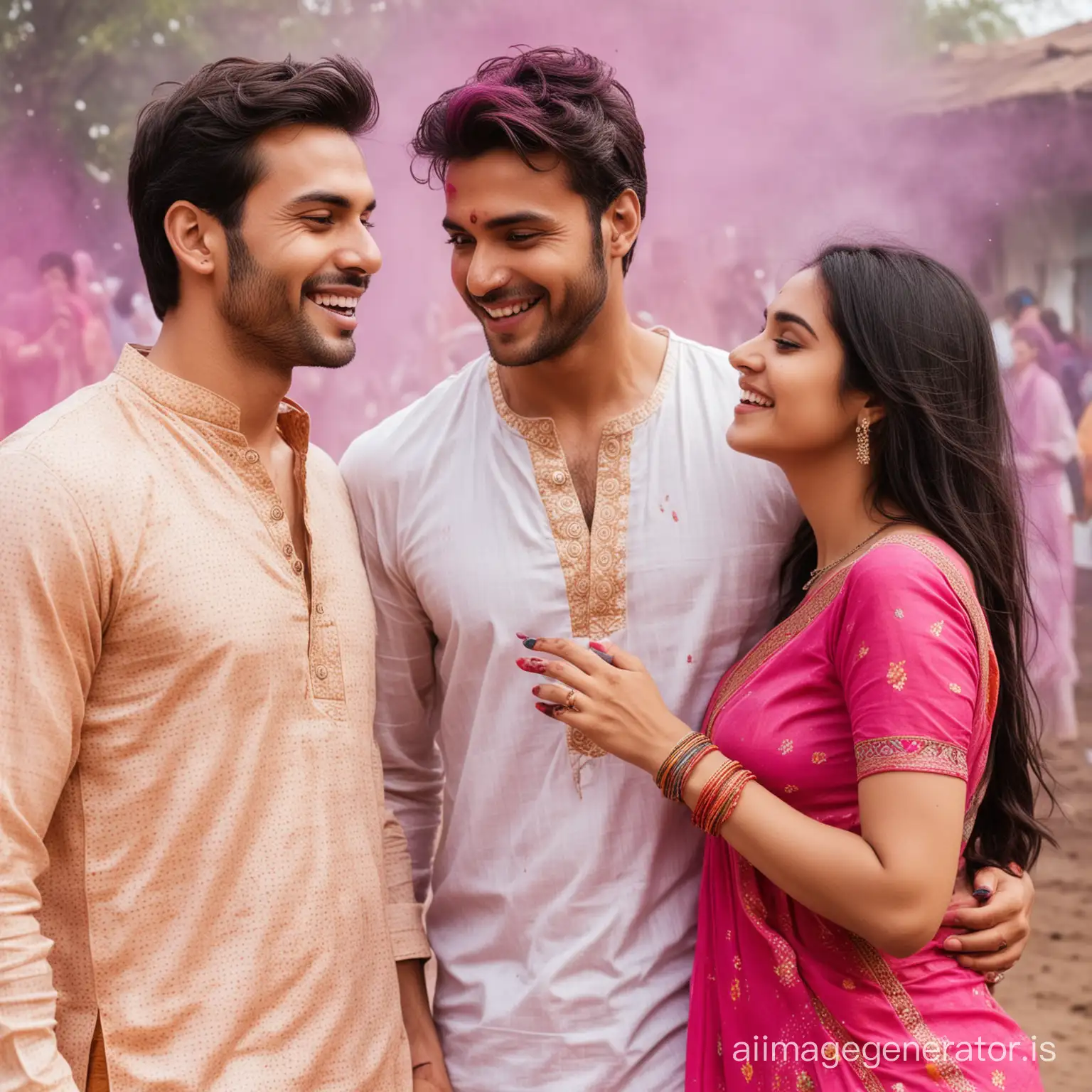 one handsome man in kurta and a beautiful women in saree playing holi