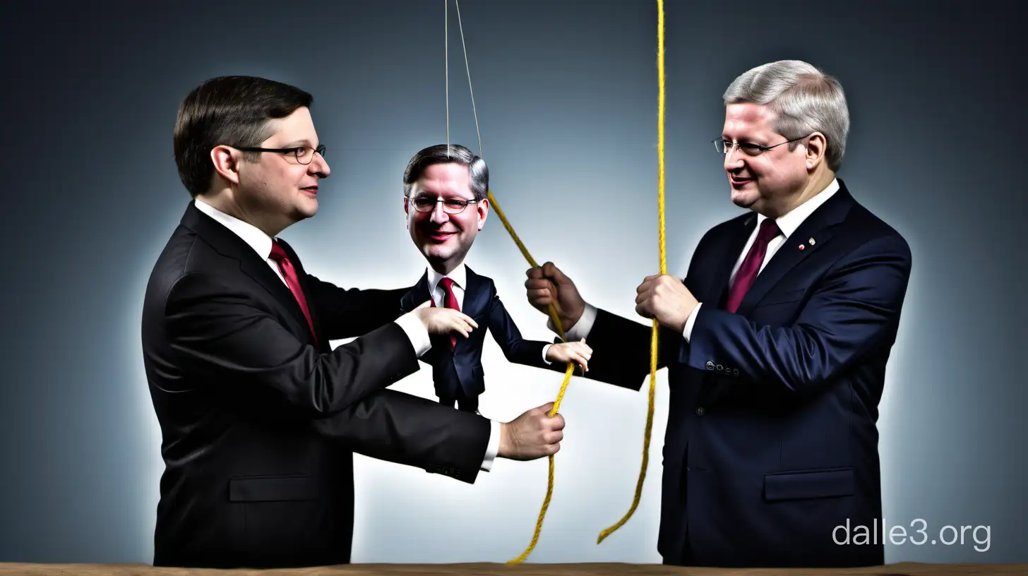Create a photo realistic image of Stephen Harper pulling the puppet strings of Pierre Poilievre.