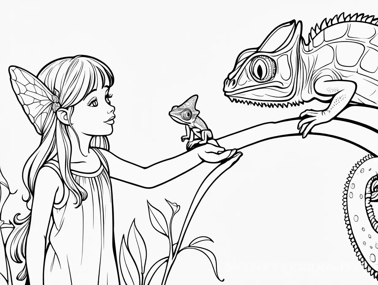 Fairy-Caring-for-Chameleon-Coloring-Page-Simple-Black-and-White-Line-Art-on-White-Background