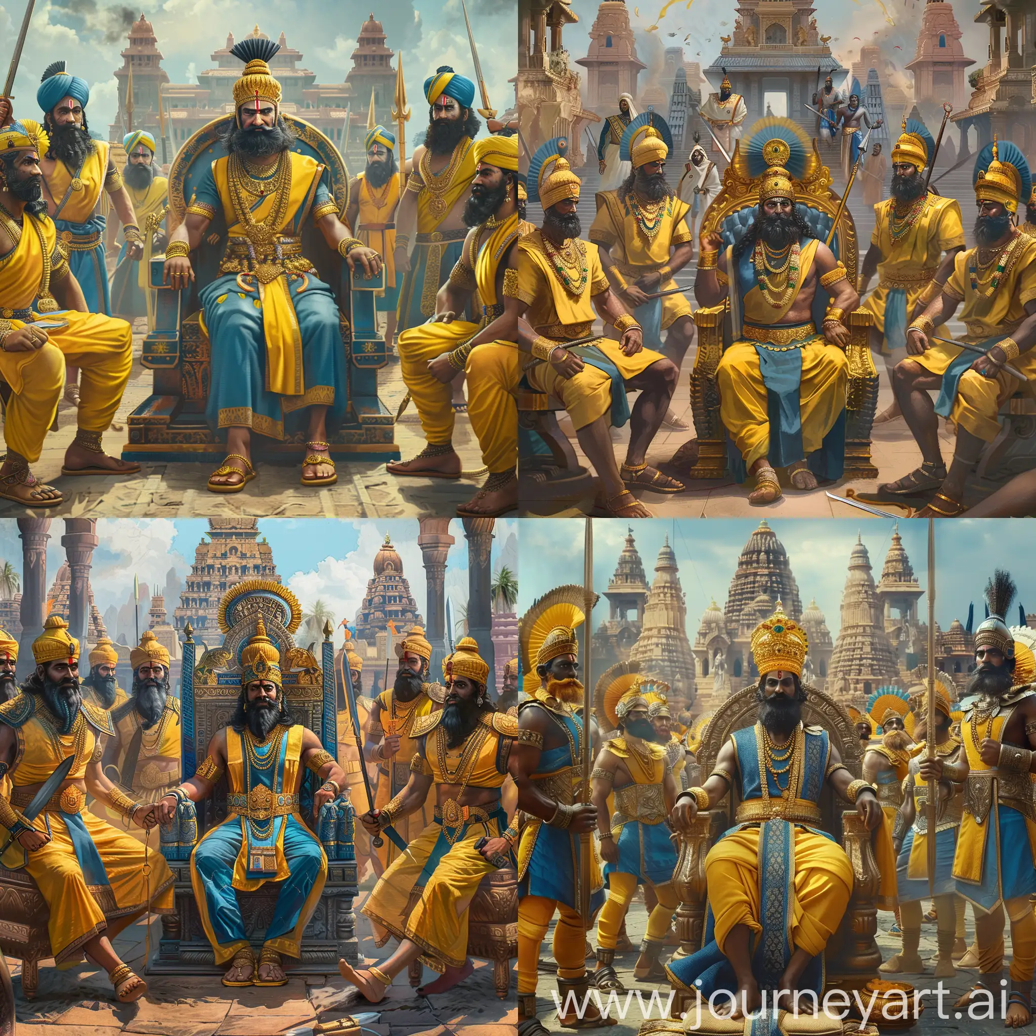 a middle-aged ancient South Indian Chola Dynasty king is sitting on his imperial throne in the middle, he has black Indian style beard, yellow-blue ancient indian crown and costume, with slippers on foot,

other South Indian Chola Dynasty warriors are in yellow and blue color armor, they hold swords or spears in hands, they have South Indian Chola Dynasty hat and black beard, they stand around the king, with slippers with foot,

they are all before an ancient Hindu palace, other ancient Hindu temples as background,