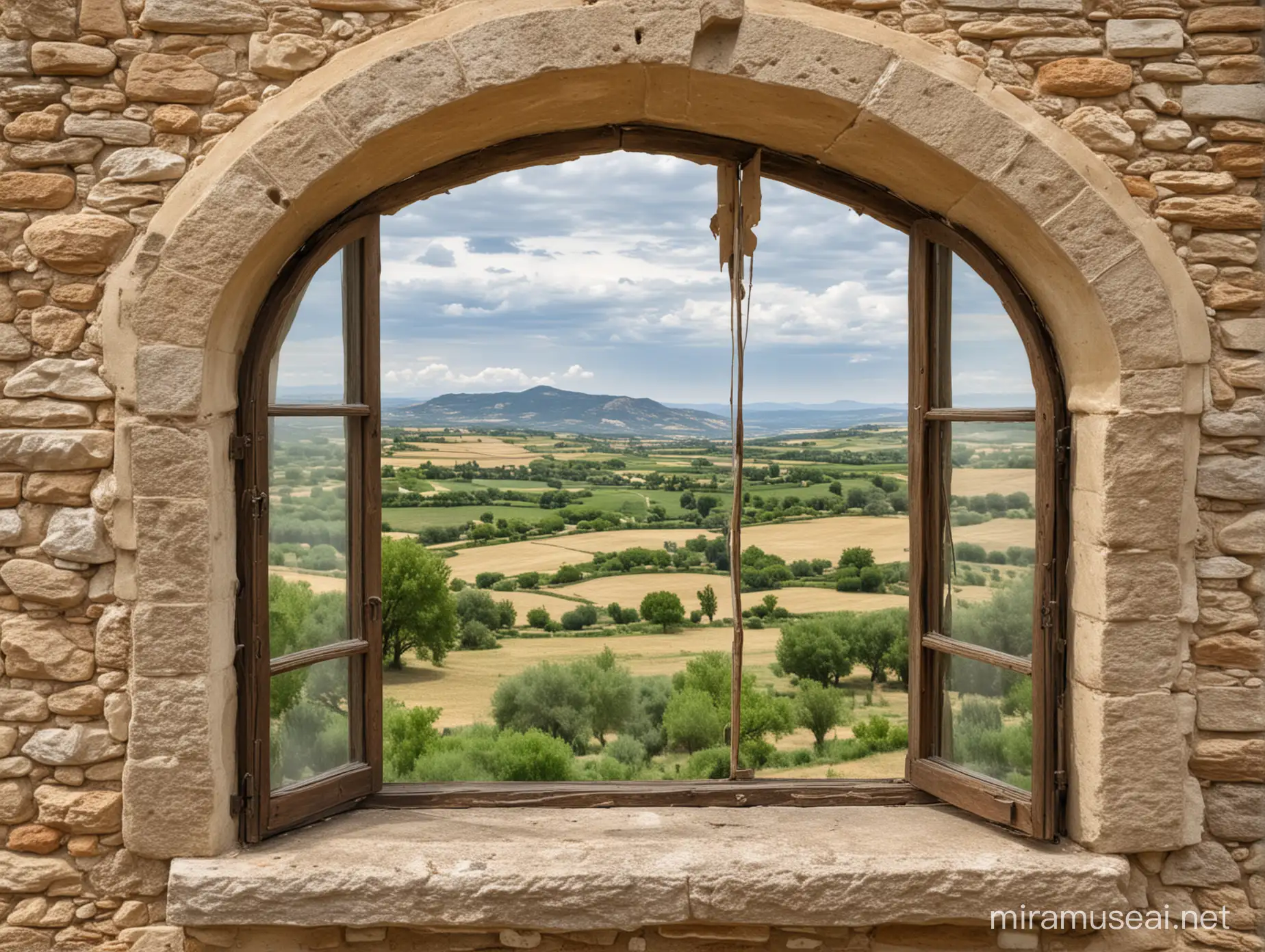 15 th Century French chataugh window rendered smooth looking out through the widow on to a beautiful Provence land scape