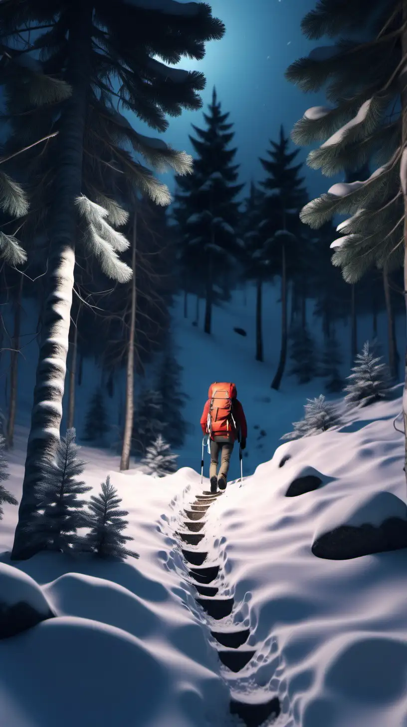 create a snowy forest landscape, hiking backpack is laying in the snow, footsteps, twilight, 1080p resolution, ultra 4k, volumetric lightning, high definition