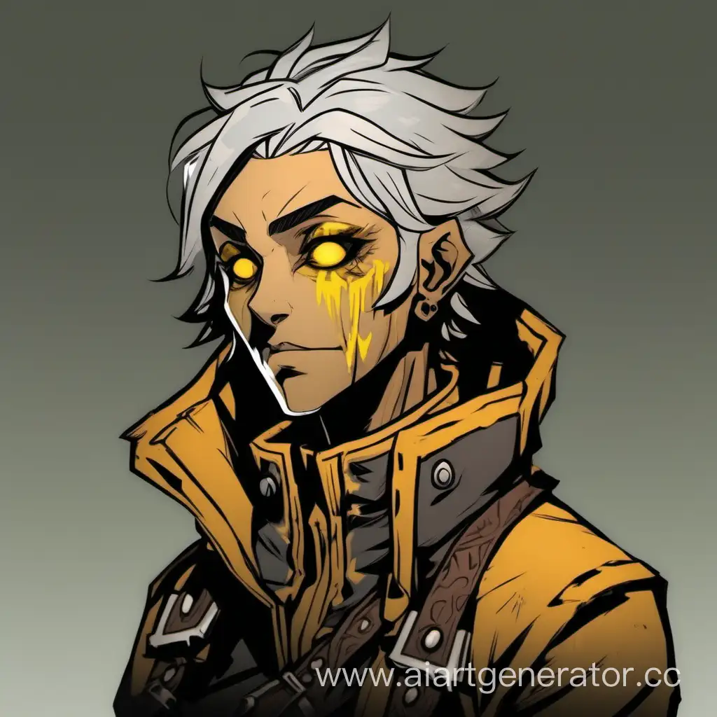 Арт персонажа в стиле Darkest Dungeon
Цвет глаз - серые
Цвет волос - жёлтые
Причёска -короткие волосы, растрёпанные в стороны
Цвет кожи - смуглая
Черта лица - нету