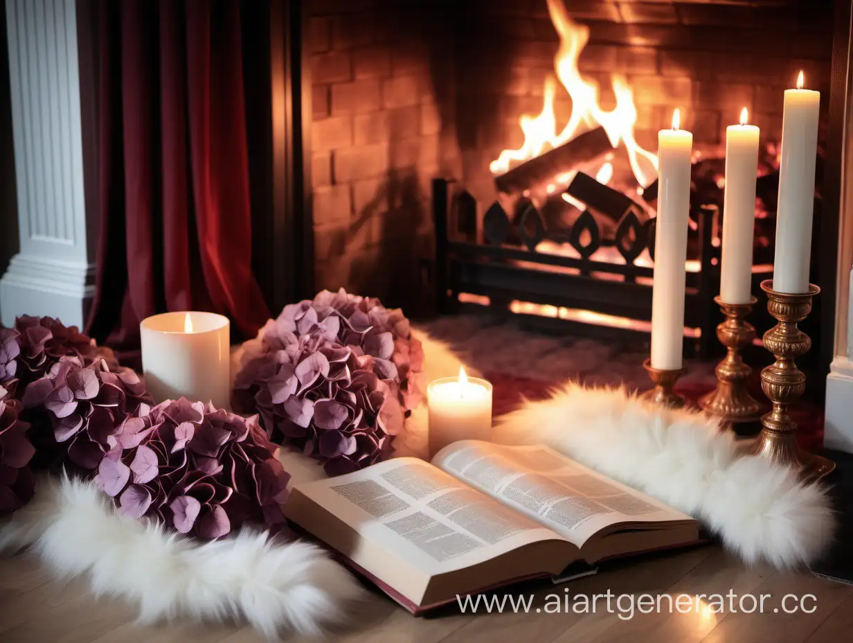 Cozy-Evening-Ambiance-with-Fireplace-Candles-and-Hydrangea-Decor
