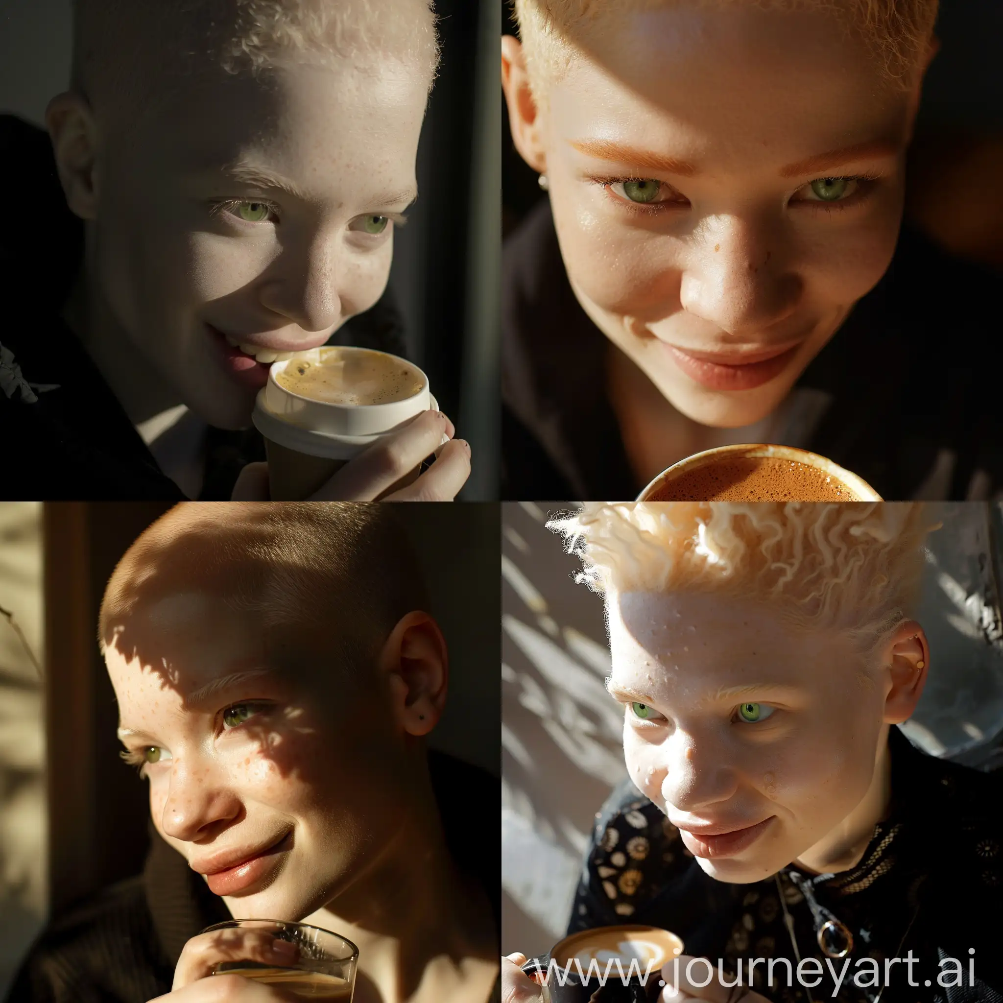 A medium shot of a charismatic young influencer, albino woman, green eyes, 18 years old, captured in Barcelona drinking coffee, professional cinematography, capturing natural lights and shadows, with a perfect smile